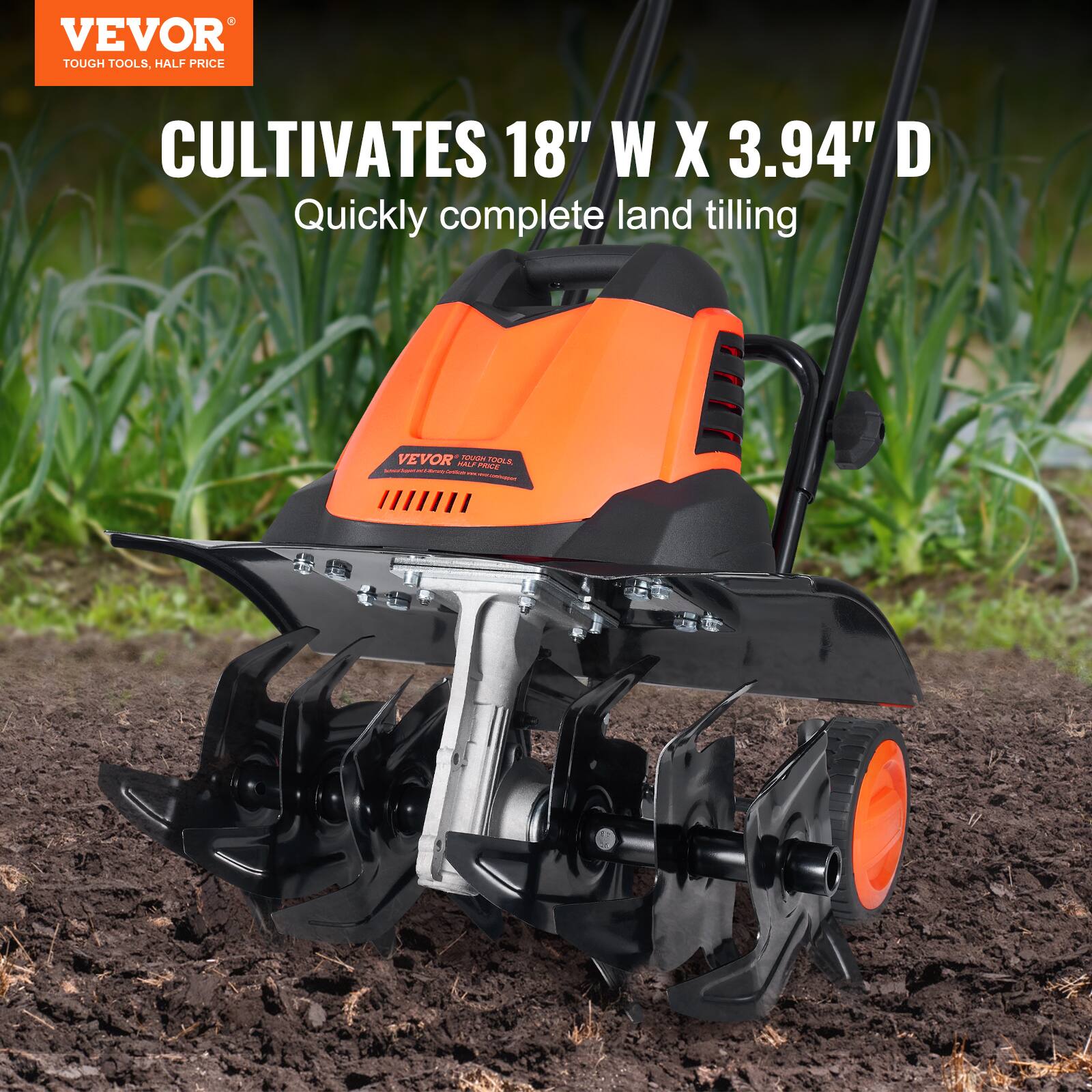 VEVOR TOUGH TOOLS. HALF PRICE CULTIVATES 18" W X 3.94" D Quickly complete land tilling VEVOR P FOOLE PL FL : - : - - | I -