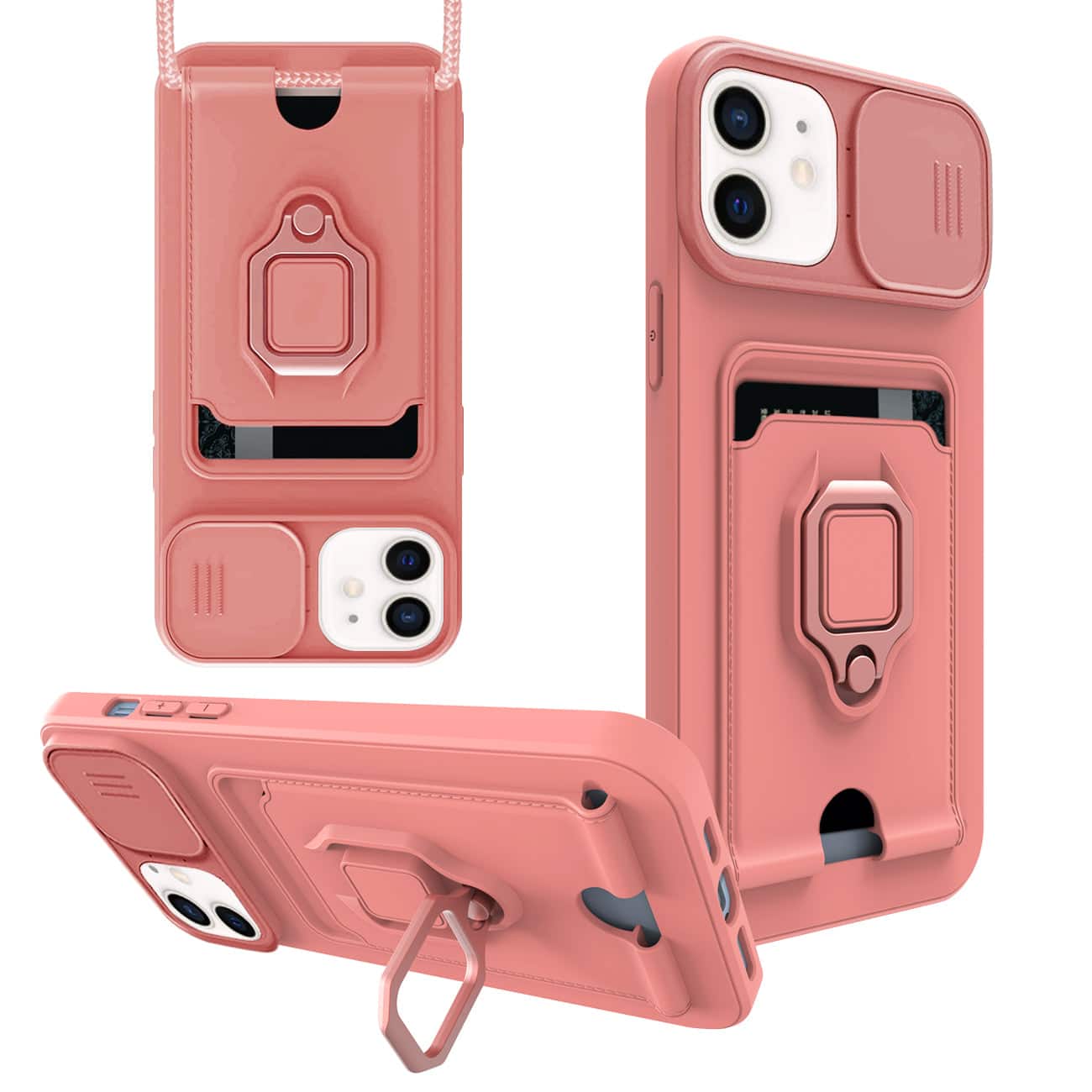 Reiko- iPhone 12 Case with Camera Cover, Kickstand, Slide Lens Protector, Magnetic Ring, Strap & Card Holder- Pink
