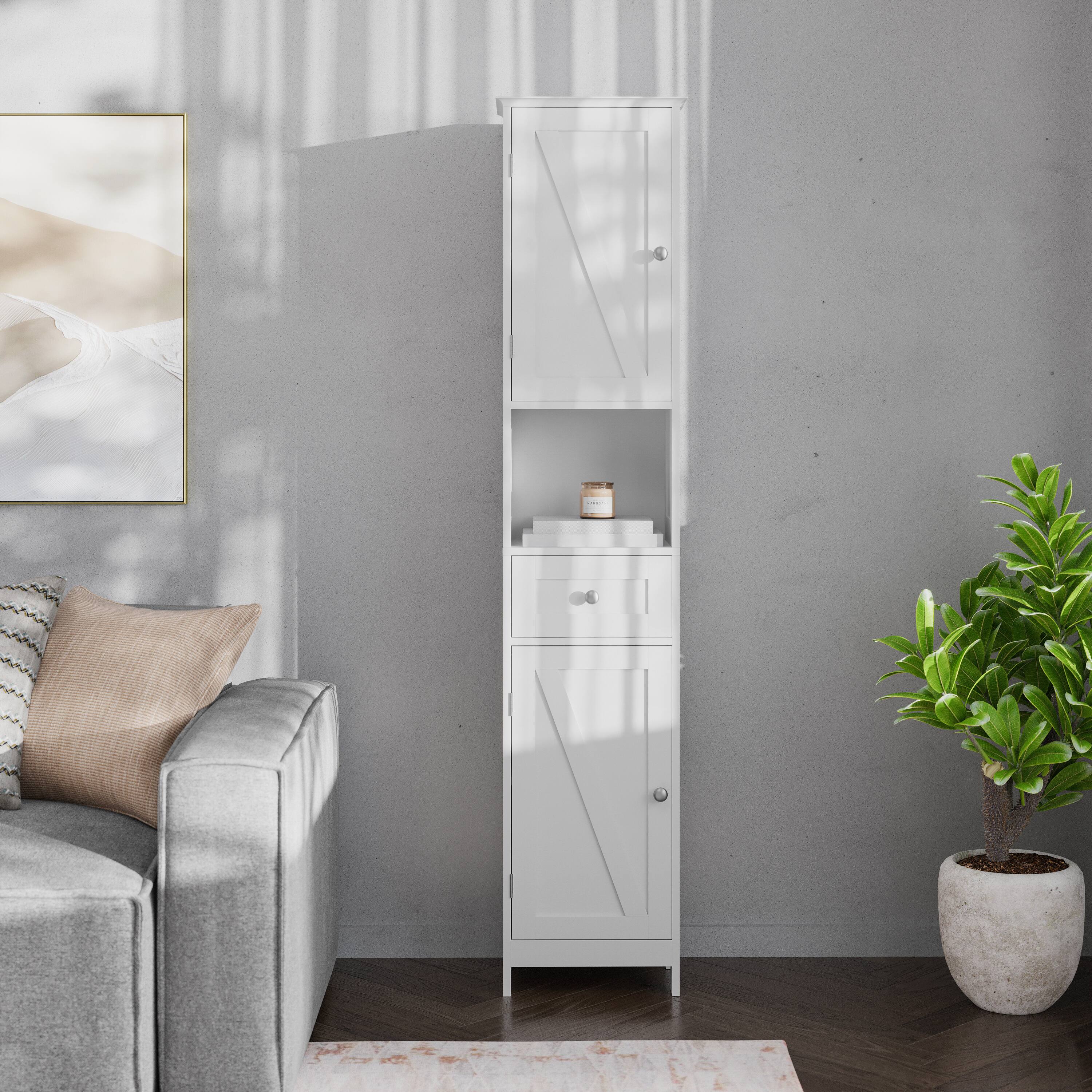Alt View 4. Emma + Oliver - Farmhouse Freestanding Linen Tower with Shelves, Drawer, and Doors - White.