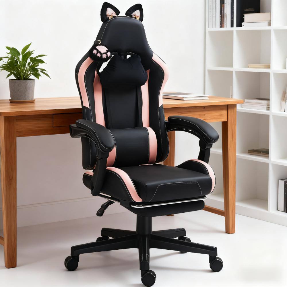 Alt View 4. Siljoy - Cute Cat Faux Leather Gaming Chair with Removable Cat Ears, Footrest & Lumbar Support - Black,Pink.