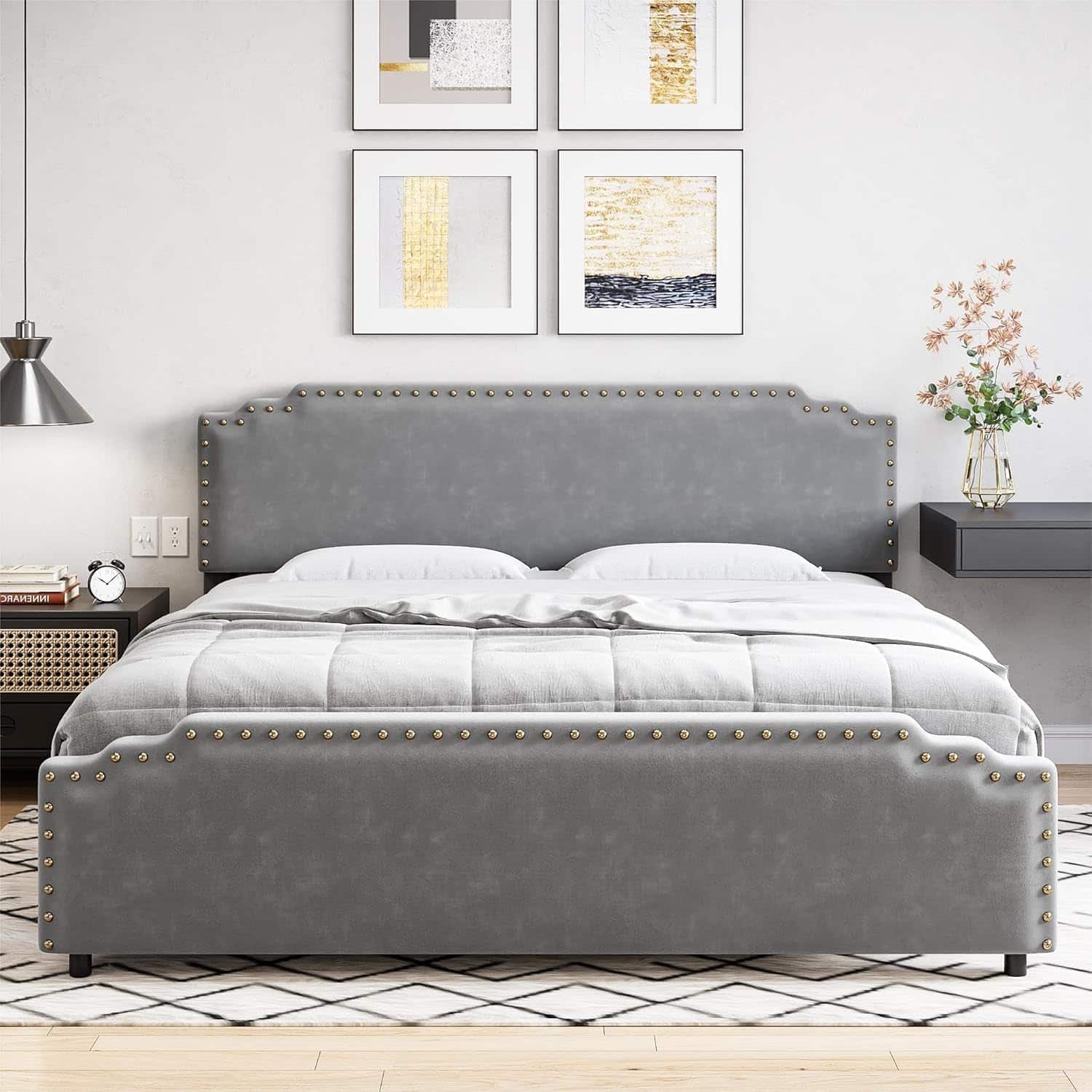 Qeetex - Velvet Upholstered Platform Frame with Rivet Headboard, Noise ...