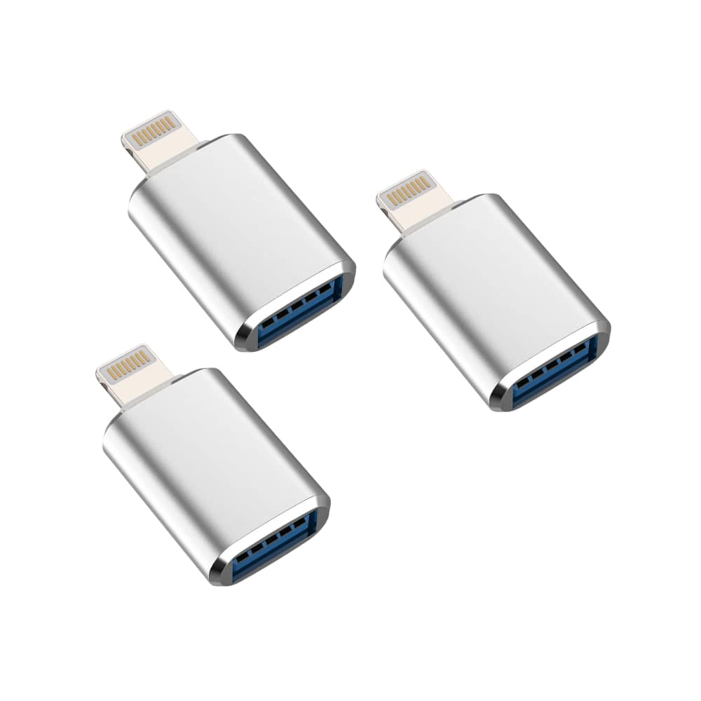 Qixxronics - Lightning Male to USB Female Adapter for Flash Drive Card Reader Keyboard Hub Adapter for iPad iPhone (3-PACK) - Silver