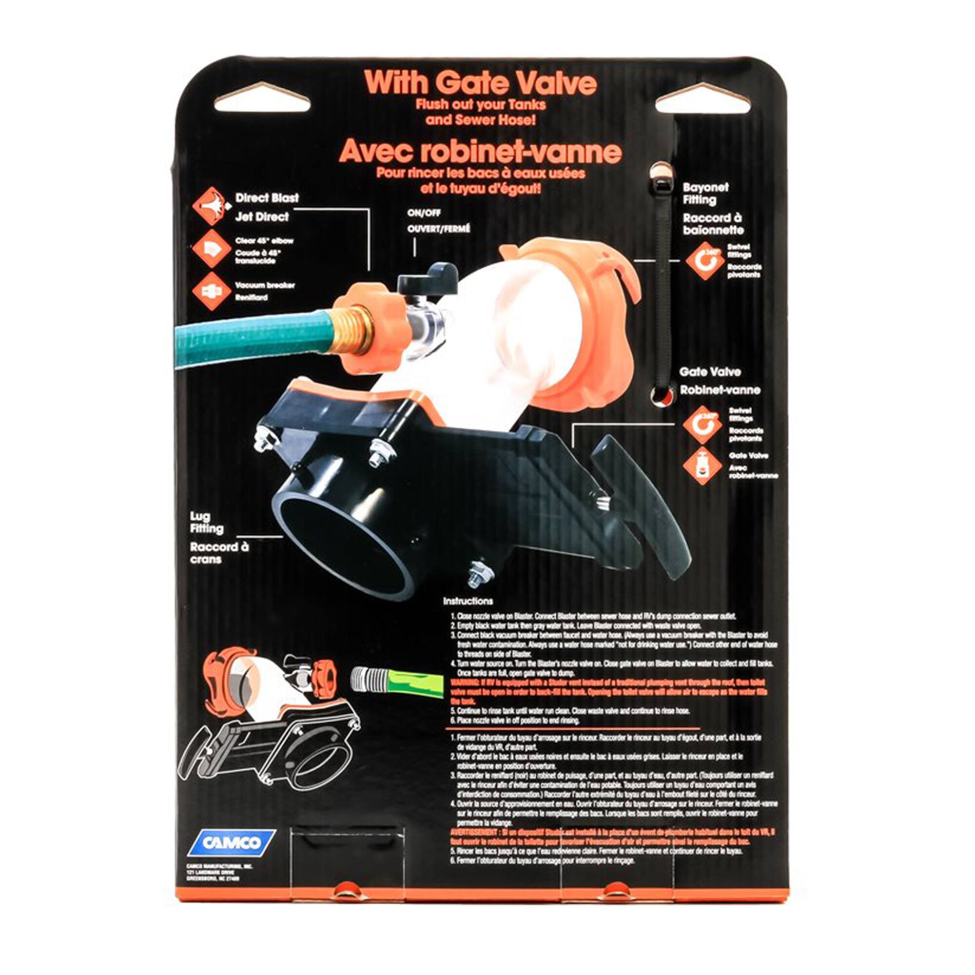 Sure, here is the corrected and grouped text from the image:

---

**With Gate Valve**  
Flush out your Tanks and Sewer Hose!  
Avec robinet-vanne  
Pour rincer les bacs d'eaux usées et le tuyau d'égout!

- **Direct Blast Jet**  
  Jet Direct  
  - Coudé 45°  
  - Coudé 90°  
  - Coudé 180°  
  - Coudé 270°  
  - Coudé 360°  
  - Coudé 45°  
  - Coudé 90°  
  - Coudé 180°  
  - Coudé 270°  
  - Coudé 360°  
  - Coudé 45°  
  - Coudé 90°  
  - Coudé 180°  
  - Coudé 270°  
  - Coudé 360°  
  - Coudé 45°  
  - Coudé 90°  
  - Coudé 180