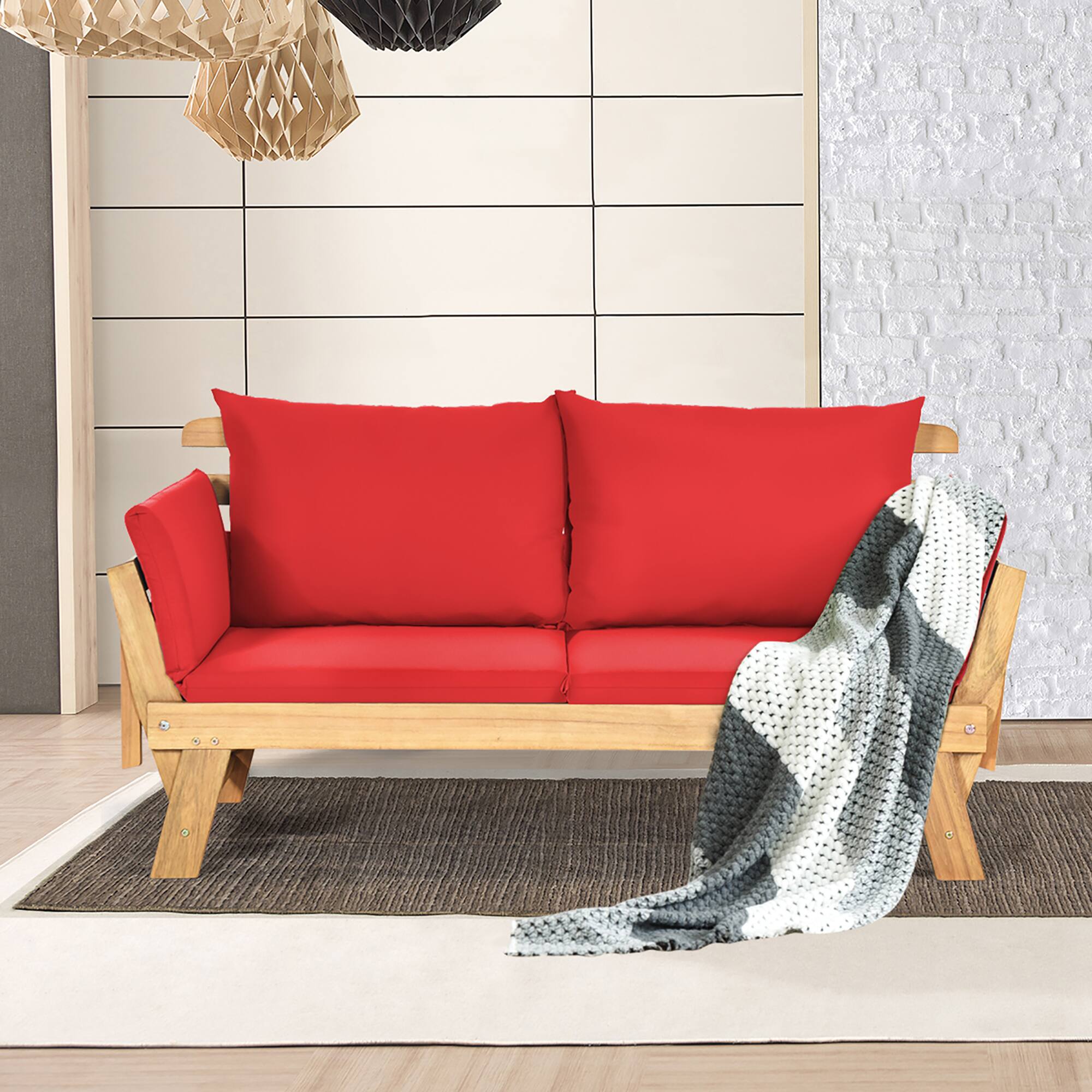 Alt View 3. Costway - Costway Patio Convertible Sofa Daybed Solid Wood Adjustable Furniture Thick Cushion - Red.