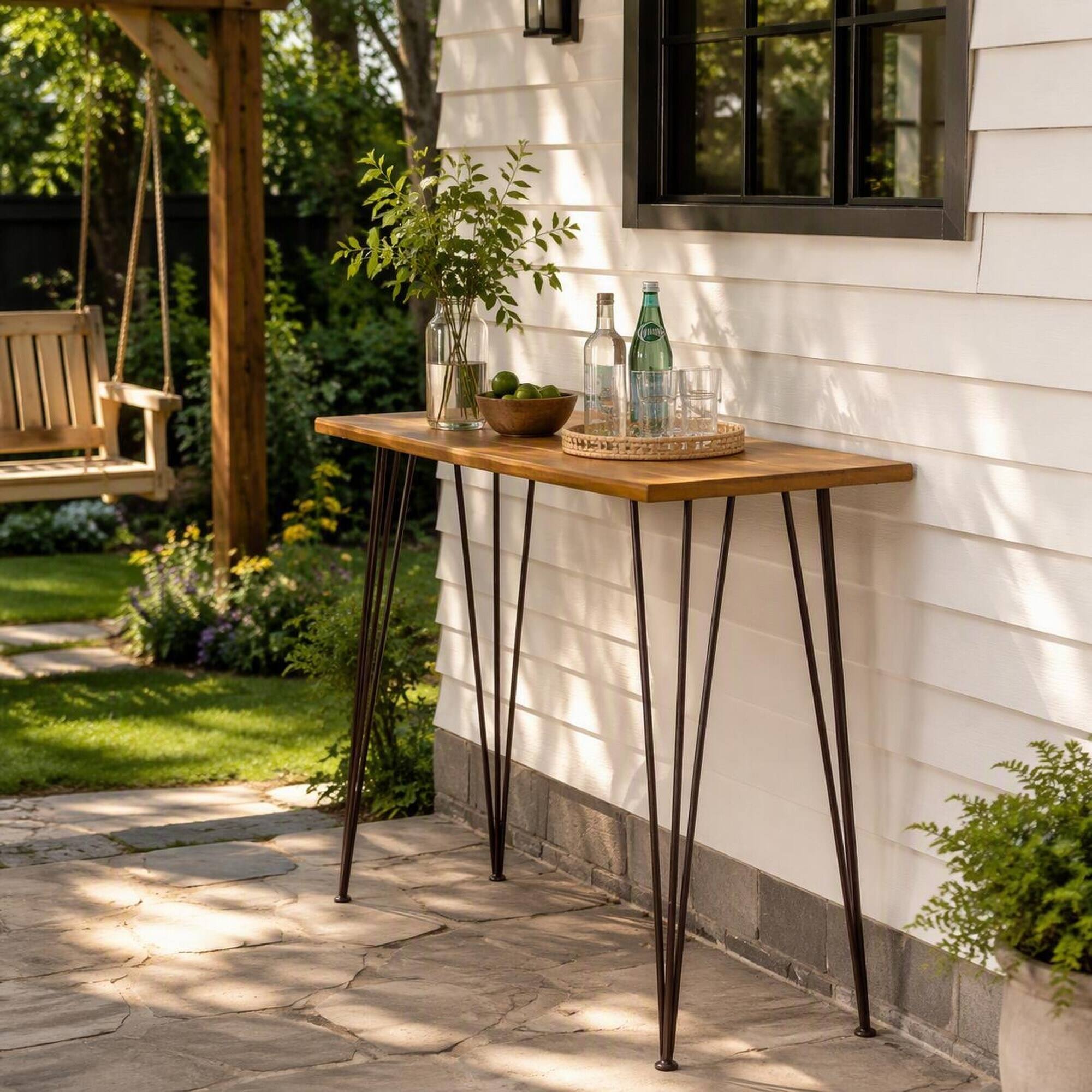 Alt View 2. RYHNUYNE - Outdoor Industrial Counter Height Bar Table, Acacia Wood Top with Dark Metal Hairpin Legs for Patio Backyard Garden - Teak+ Black.