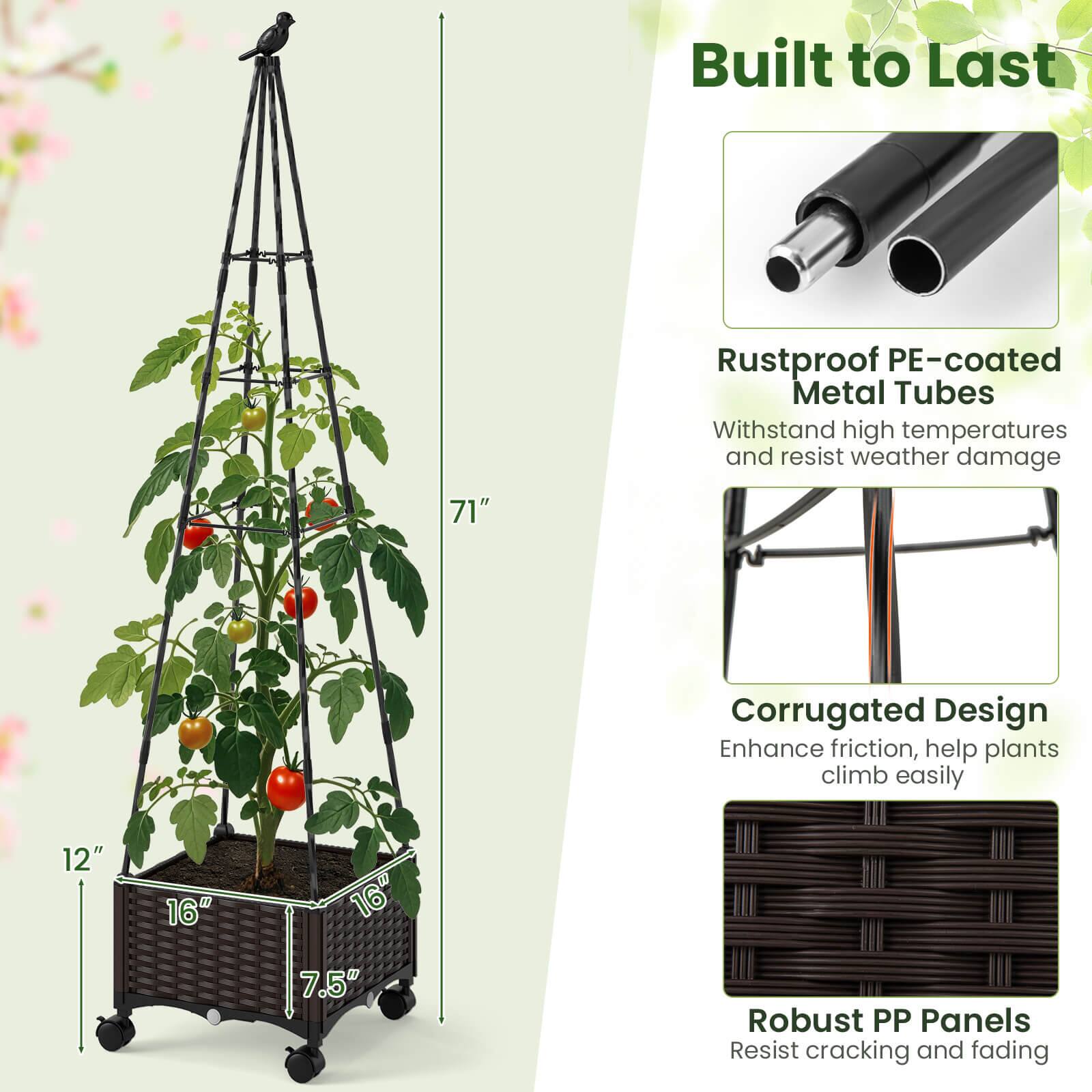 Built to Last

Rustproof PE-coated Metal Tubes  
Withstand high temperatures and resist weather damage

Corrugated Design  
Enhance friction, help plants climb easily

Robust PP Panels  
Resist cracking and fading

Dimensions:  
71" height  
12" width  
16" depth  
7.5" height of the planter