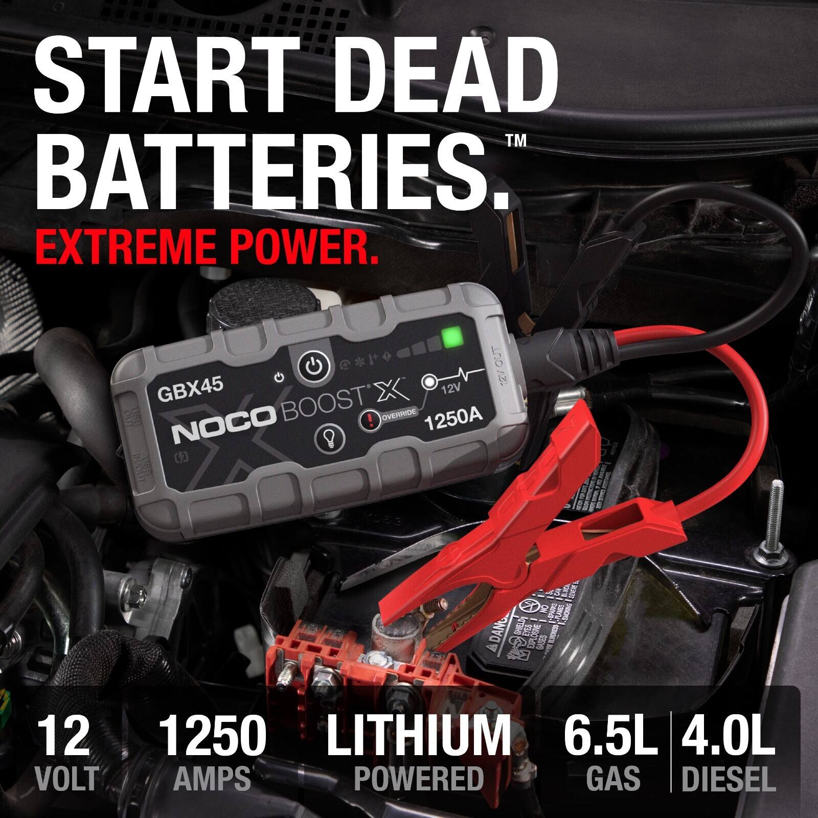 START DEAD BATTERIES. EXTREME POWER.  
GBX45 12V CA U6R NOCO BOOST'X!  
OVERRIDE 1250A  
12 VOLT 1250 LITHIUM 6.5L 4.0L AMPS POWERED GAS DIESEL