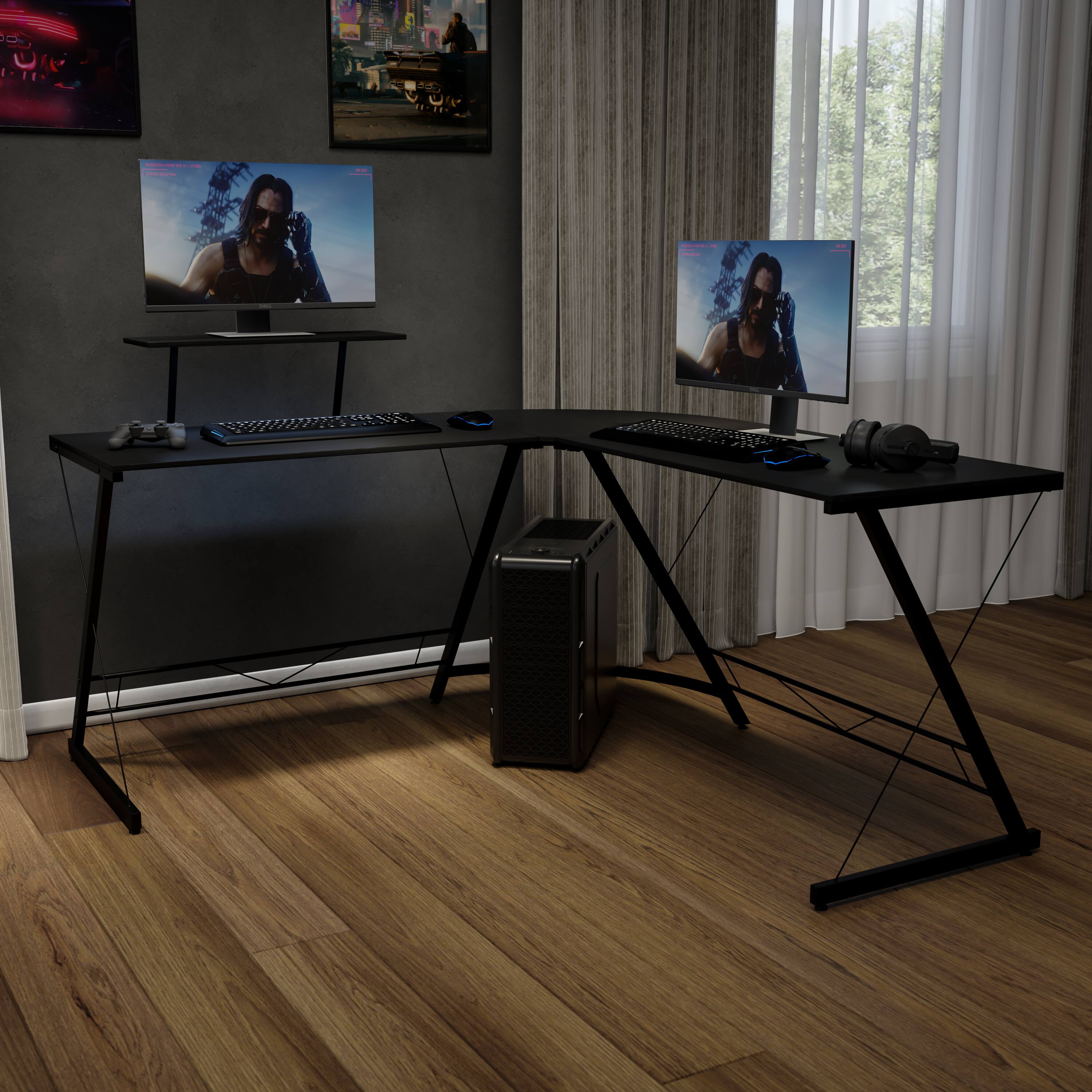 Alt View 1. Emma + Oliver - L-Shaped Computer Desk, Gaming Desk, Home Office Desk, Frame - Black Top/Black Frame.
