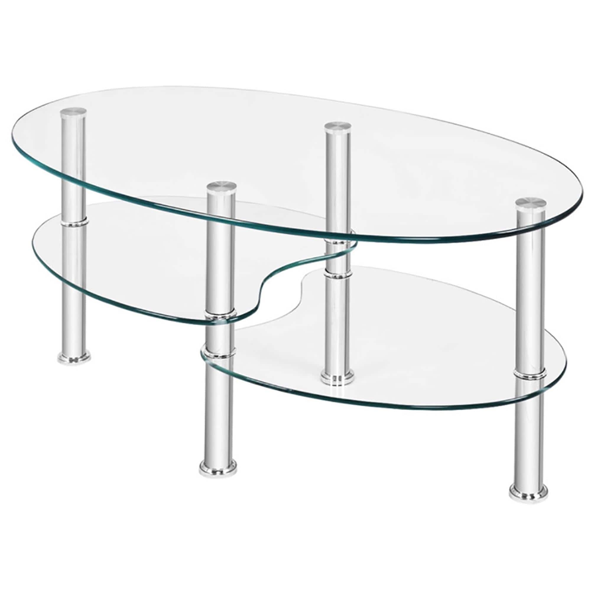 Resenkos - Modern Glass Coffee Table, Oval Side Coffee Table, Stable Glass TV Stand Side End Table for Living Room, Transparent - White