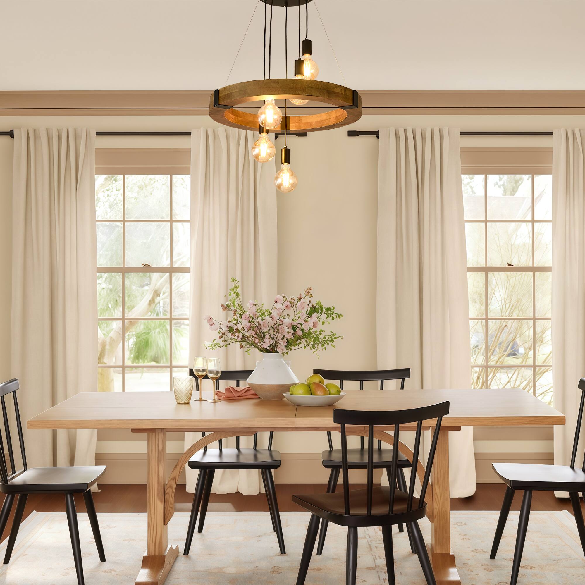 Angle. RYHNUYNE - 5-Light Farmhouse Wooden Chandelier 23.62in Circular Pendant with Adjustable Height Rustic Natural Wood Ceiling Light.