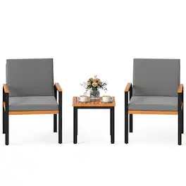 Gymax - 3 Pieces Patio Furniture Set Outdoor Bistro Conversation Set w/ Acacia Wood Side Table - Black