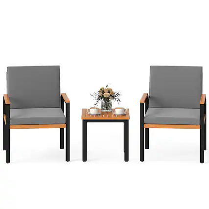 Front. Gymax - Gymax 3 Pieces Patio Furniture Set Outdoor Bistro Conversation Set w/ Acacia Wood Side Table - Black.