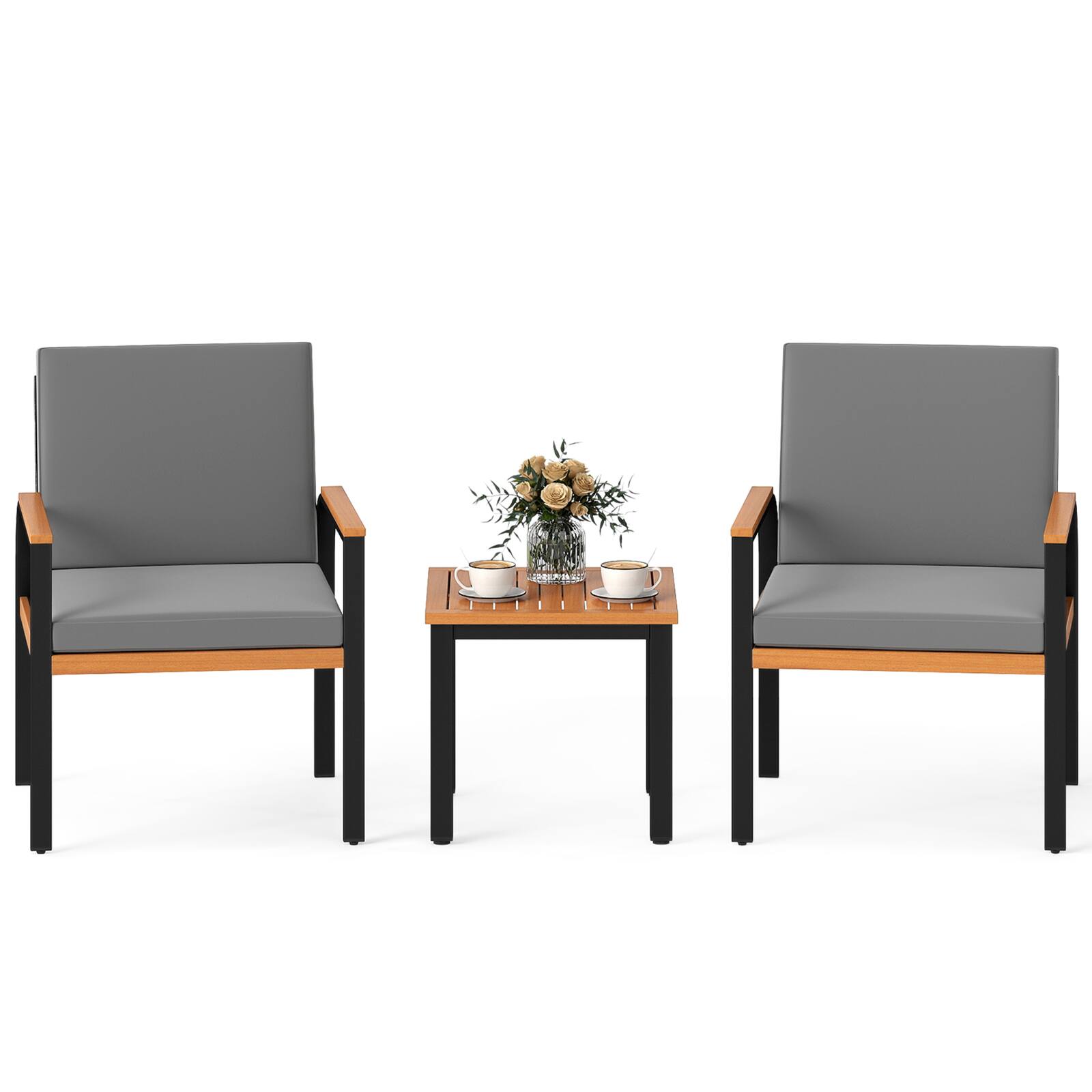 Front. Gymax - Gymax 3 Pieces Patio Furniture Set Outdoor Bistro Conversation Set w/ Acacia Wood Side Table - Black.