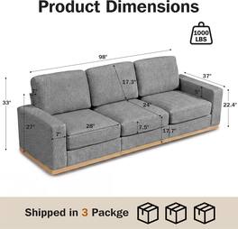 Dyonery - 98" Modern Single Sofa ,Deep Seat Modular Sofa Couch,Solid Wood Frame,Spring Cushions,Easy Assembly,Gray - Gray