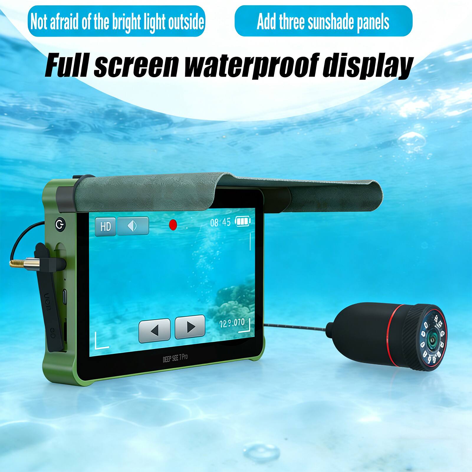Not afraid of the bright light outside  
Add three sunshade panels  
Full screen waterproof display  
HD  
08:45  
129:07:00  
DEEP SEE TPO