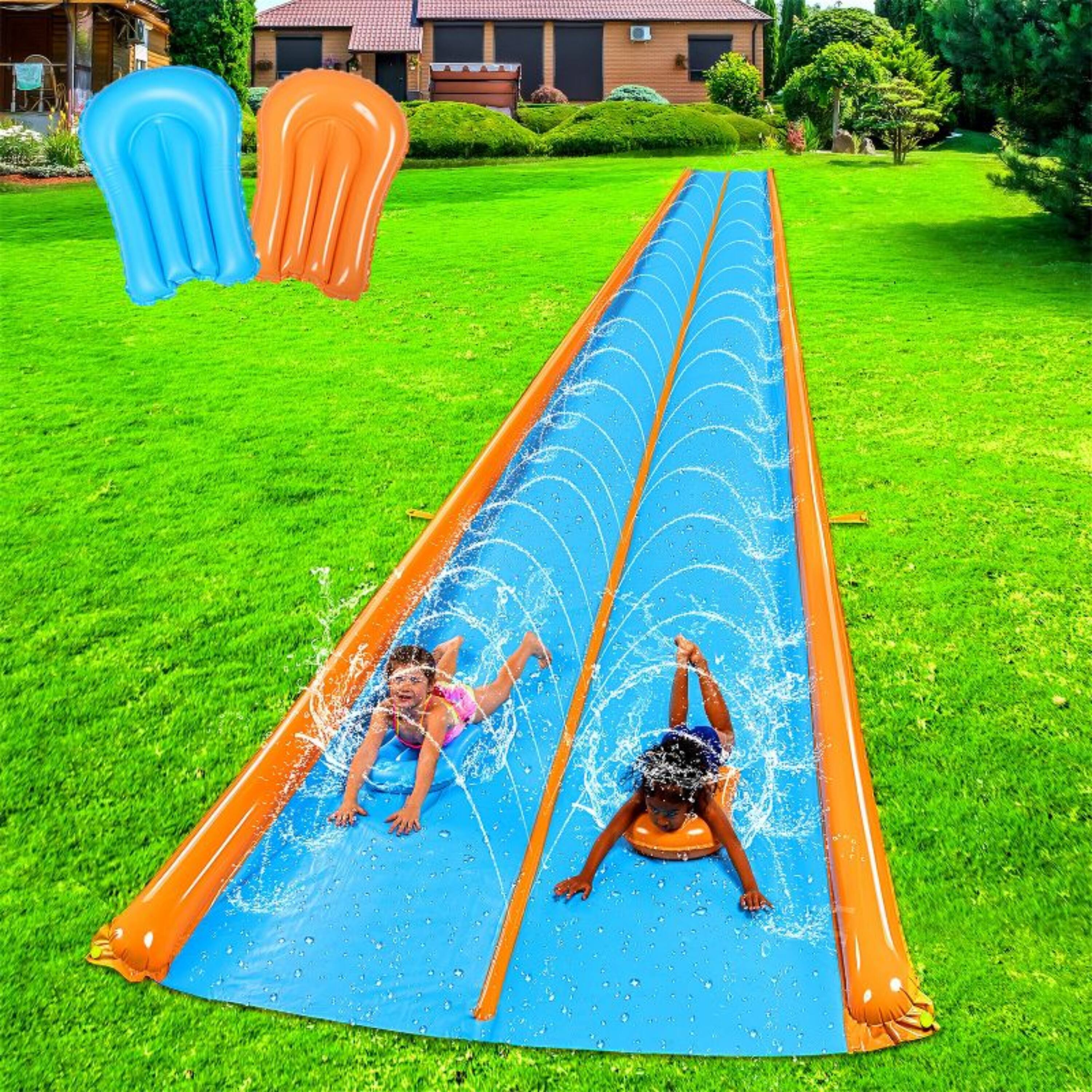 Front. Joyfy - 25ft x 6ft Double Lane Water Slides, Yard Outdoor Water Slip with 2 Inflatable Bodyboards and Sprinkler, Lawn Slide.