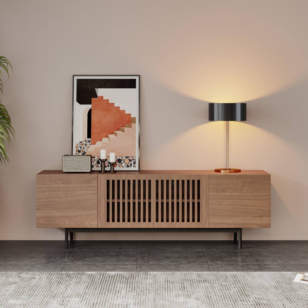 Angle. POVISON - 63" Modern Wood TV Stand, Minimalist Slatted Media Console with Tall-cast Metal Legs, Walnut Veneer - Walnut.