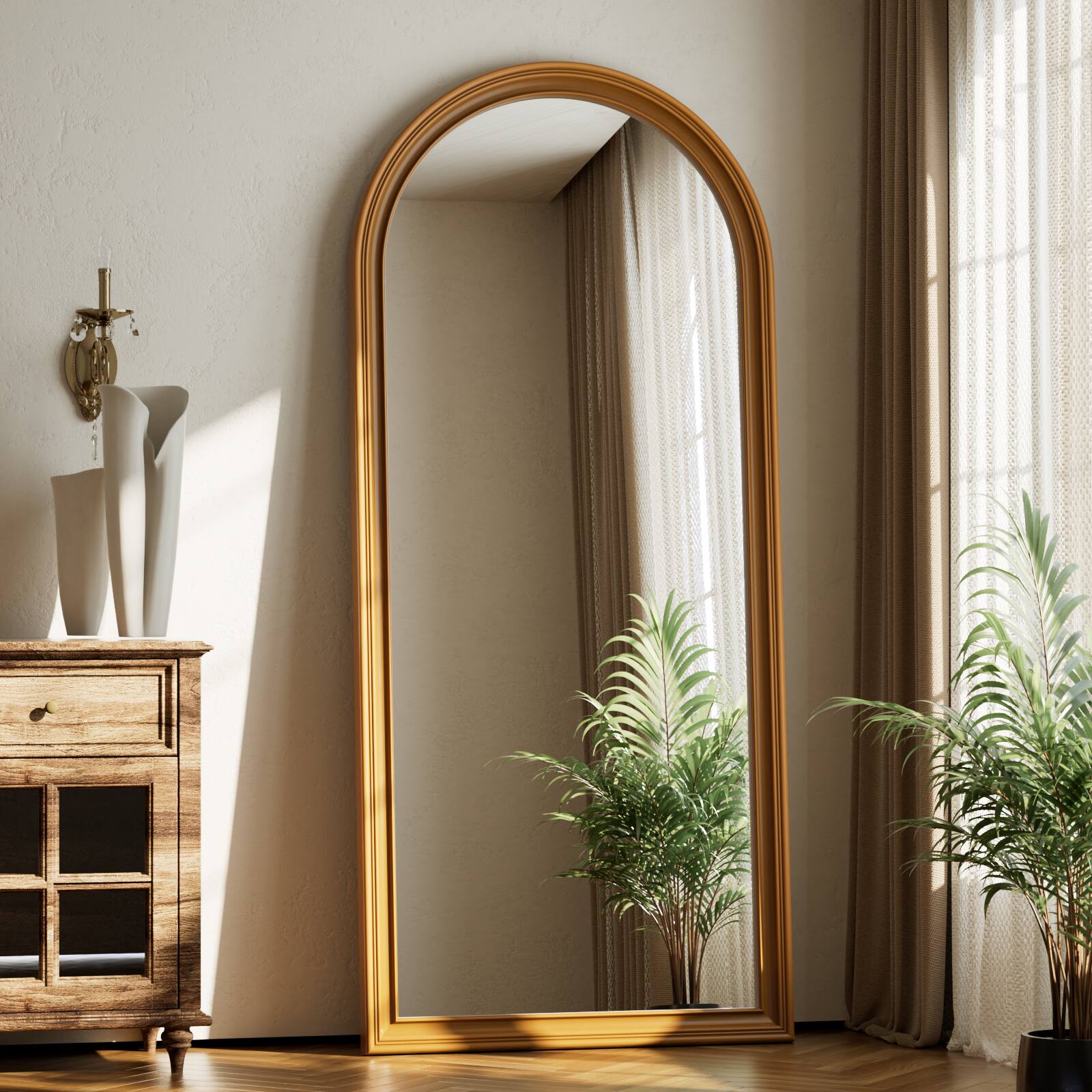Easly - Antique 32 in. W x 71 in. H Arched PU Frame Full Length Mirror Floor Mirror - Gold