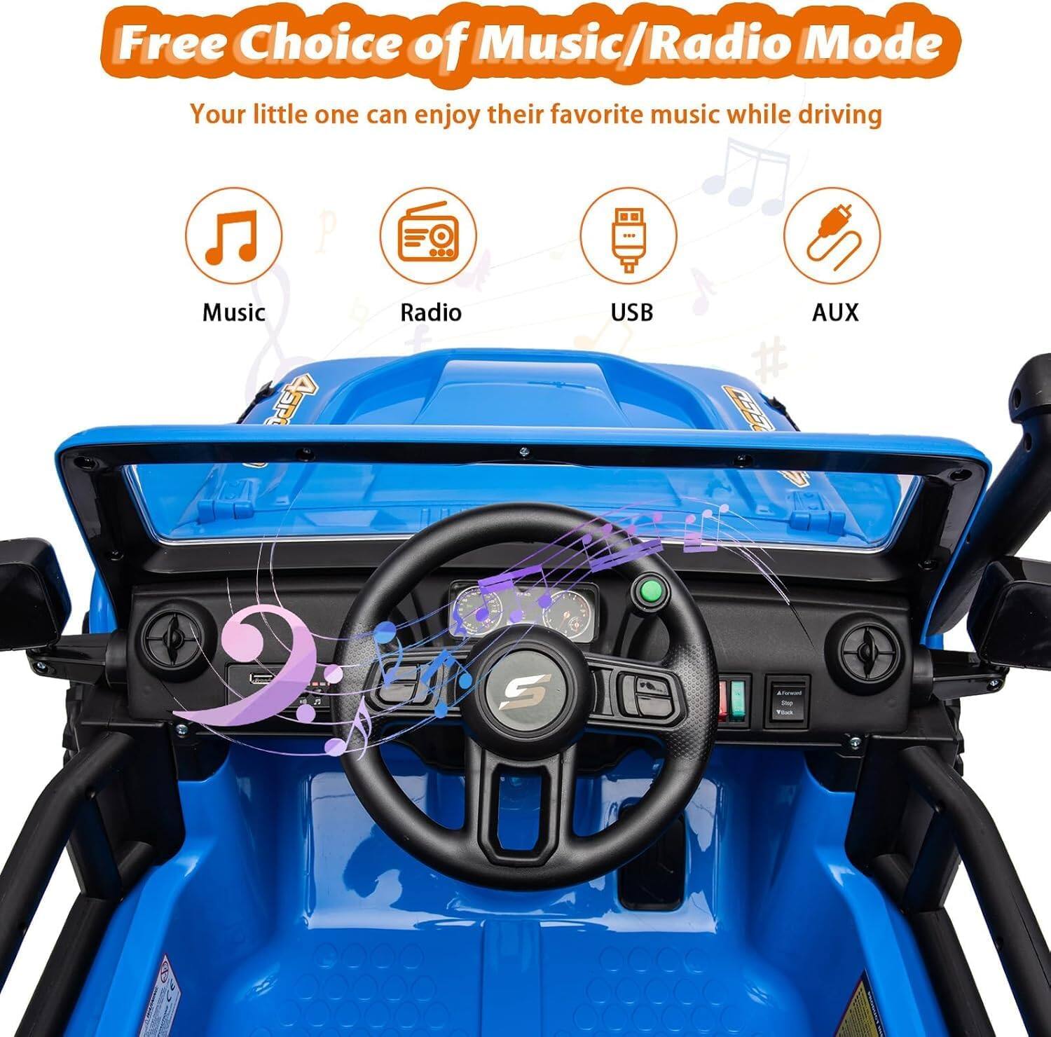 Free Choice of Music/Radio Mode

Your little one can enjoy their favorite music while driving

- Music
- Radio
- USB
- AUX