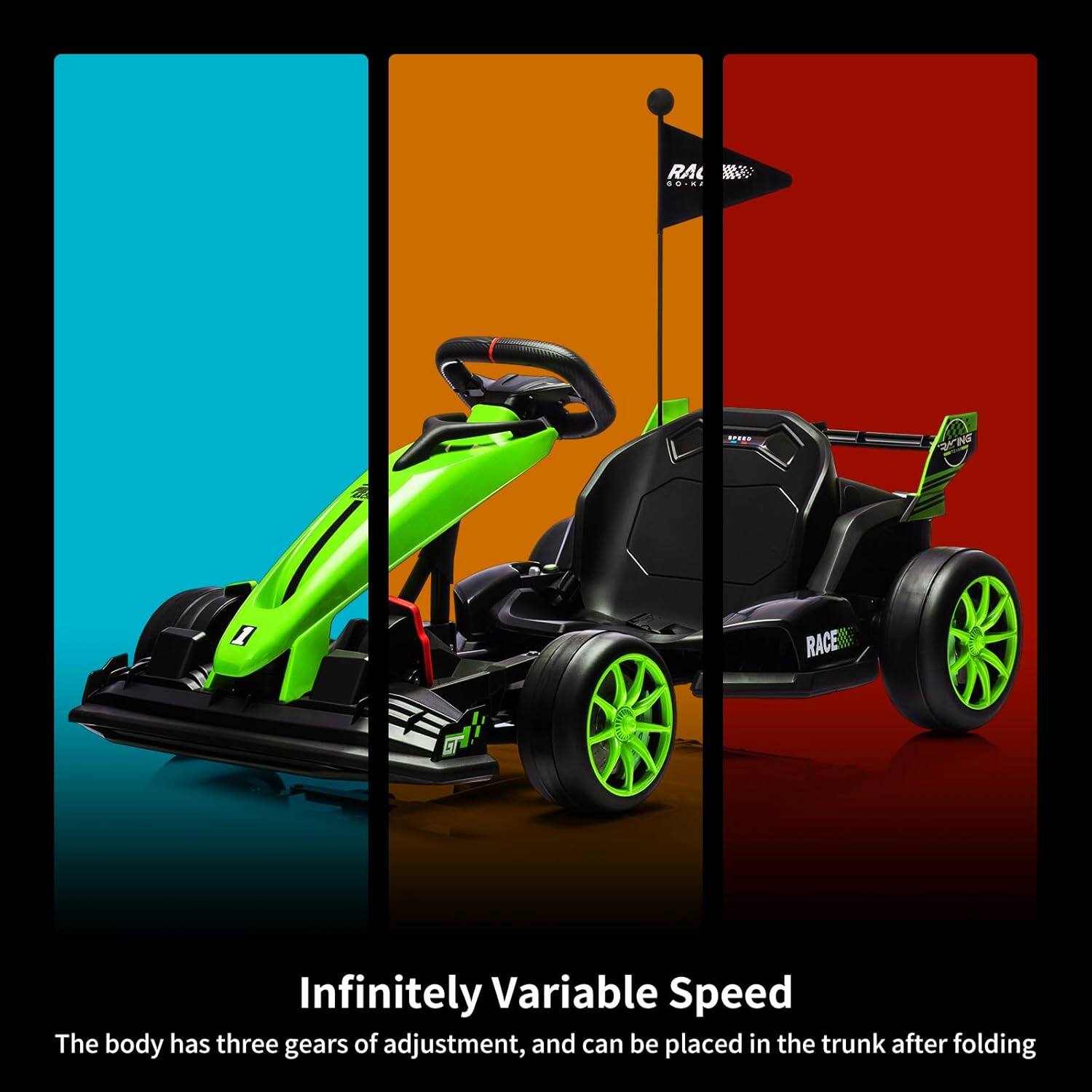 Infinitely Variable Speed

The body has three gears of adjustment, and can be placed in the trunk after folding