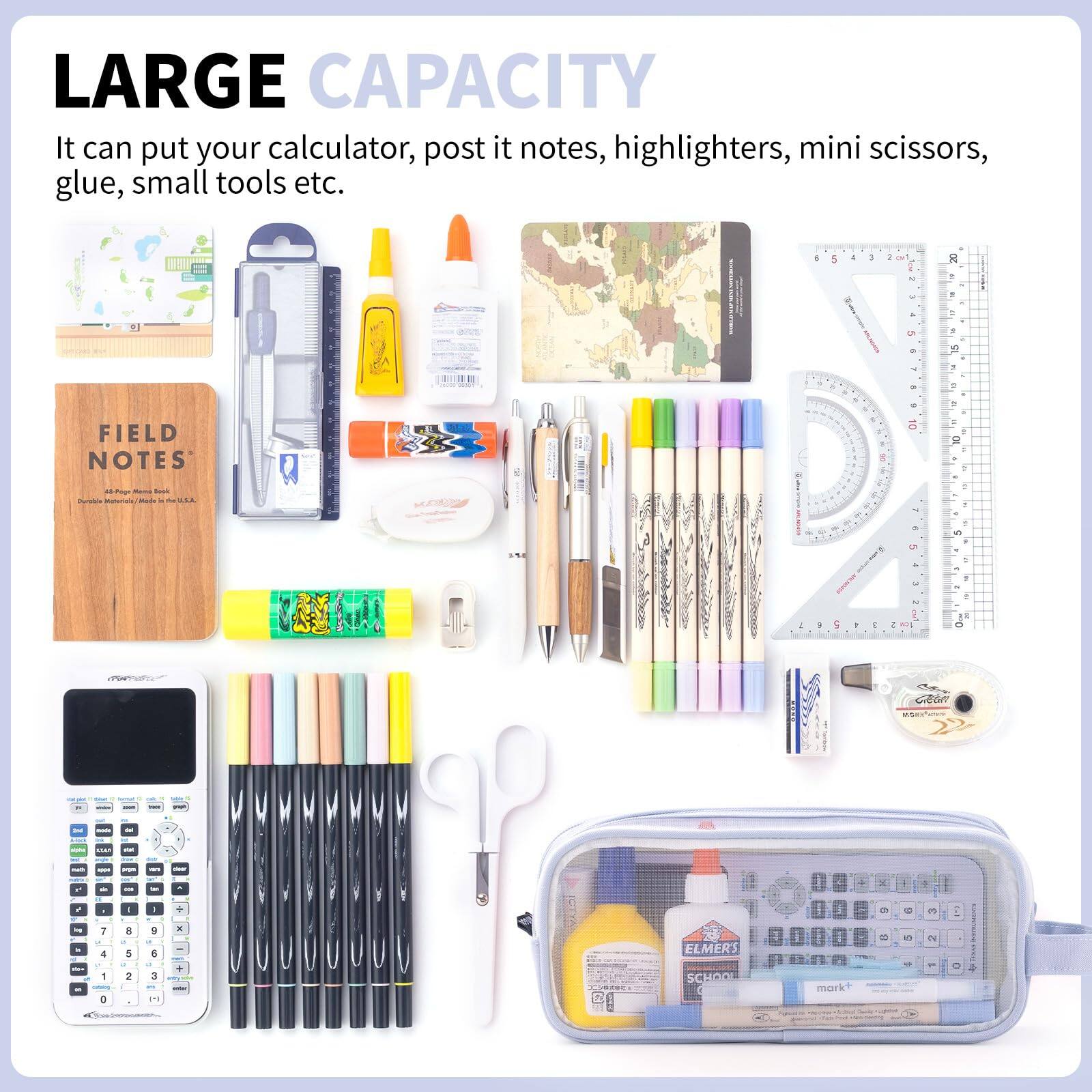 LARGE CAPACITY

It can put your calculator, post it notes, highlighters, mini scissors, glue, small tools etc.