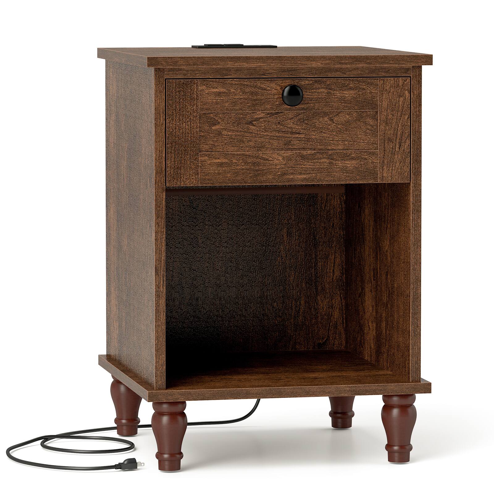 Angle. Bestier - Modern Side Table with Built-in Charging Station & Drawer Storage - dark brown.