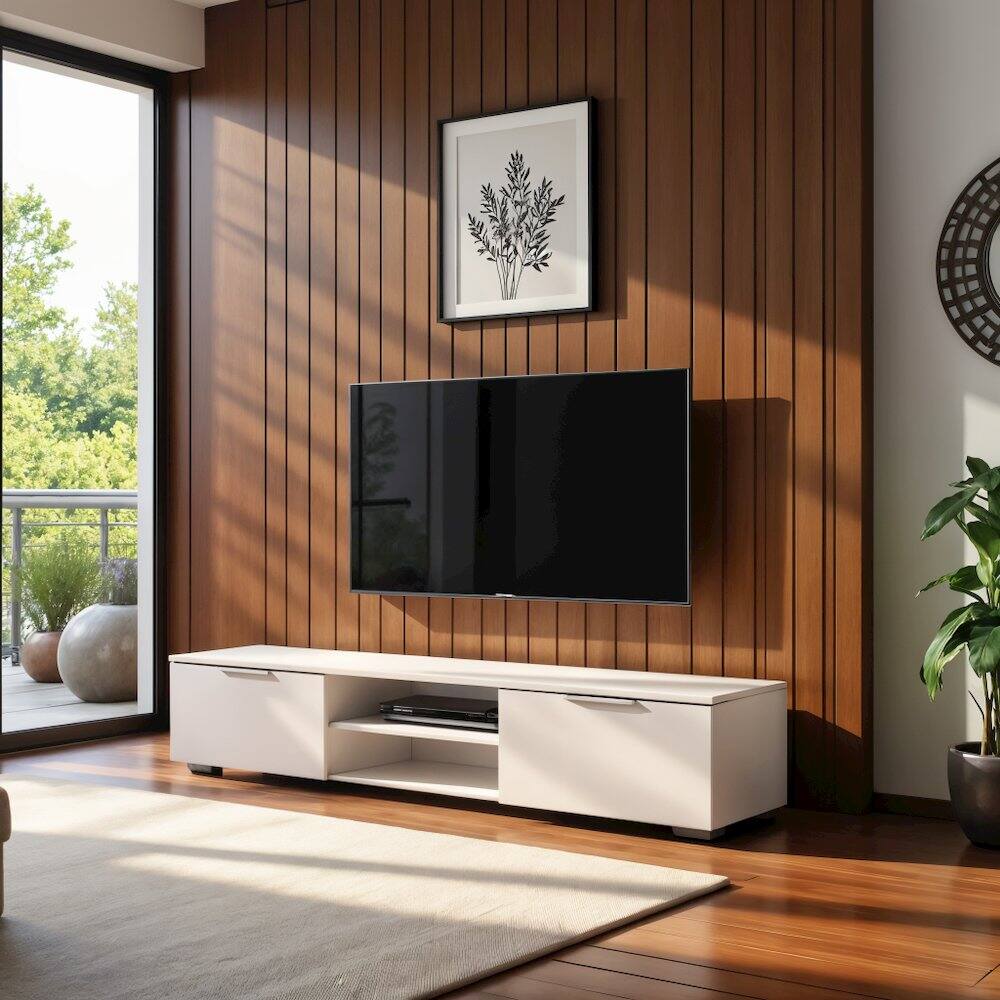 Left. FurniFact - White High Gloss TV Cabinet - Stylish TV Stand with Drawers and Shelves - White High Gloss.