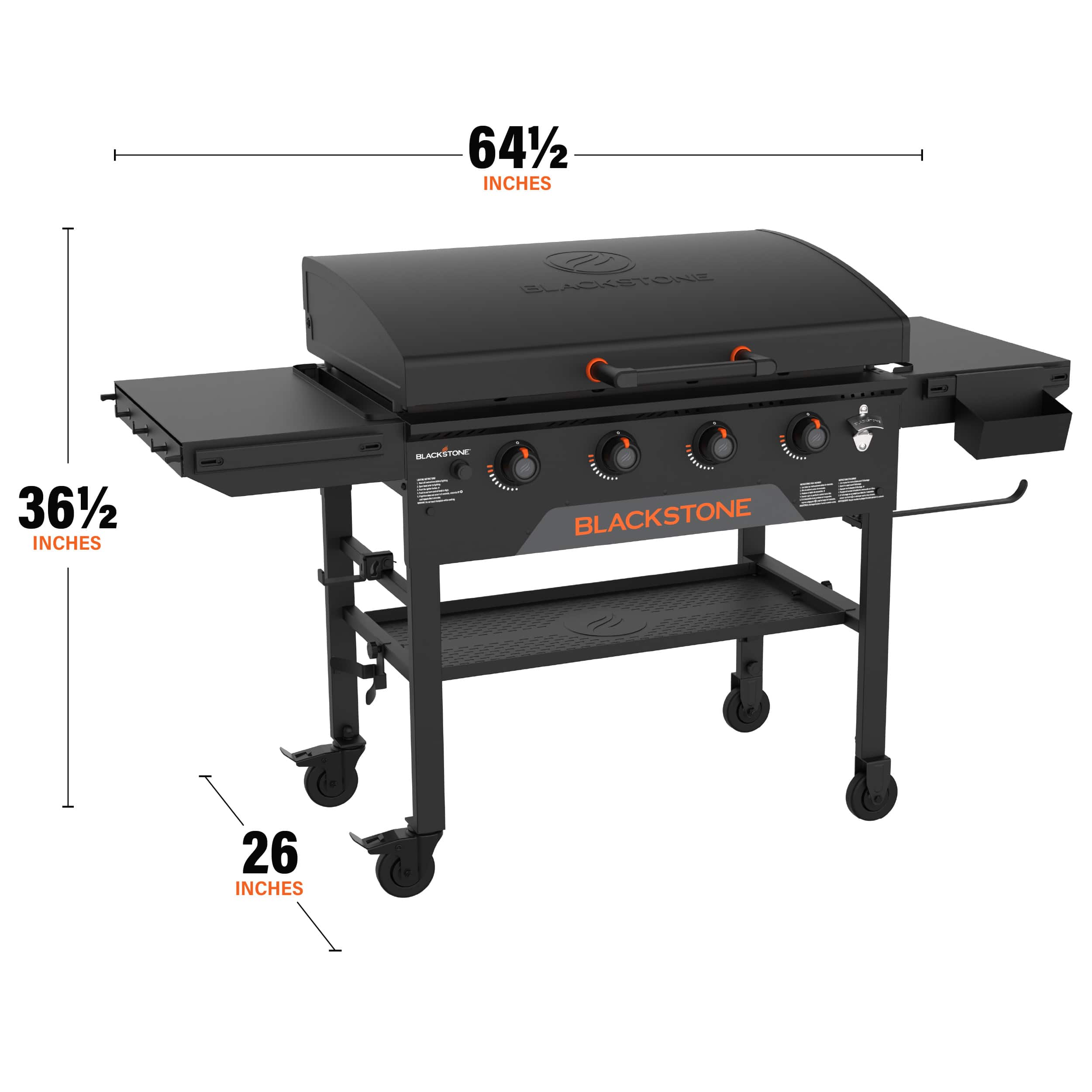 The image shows a Blackstone grill with the dimensions 641 inches by 3612 inches. The grill is placed on a table, and the table itself is 26 inches tall.