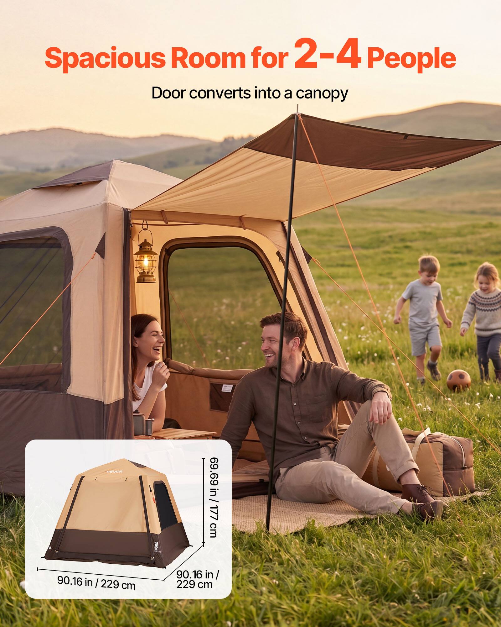 Spacious Room for 2-4 People  
Door converts into a canopy  
LR 69.69 in / 177 cm  
90.16 in / 229 cm  
90.16 in / 229 cm