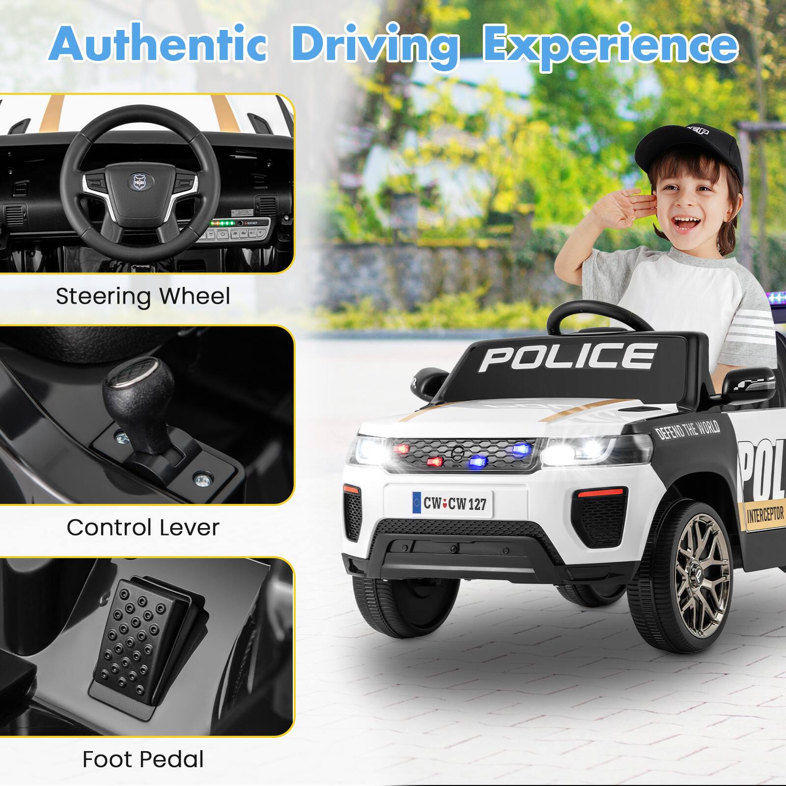 Authentic Driving Experience

Steering Wheel

Control Lever

Foot Pedal

POLICE

DEFEND THE WORLD

CW-CW 127

INTERCEPTOR