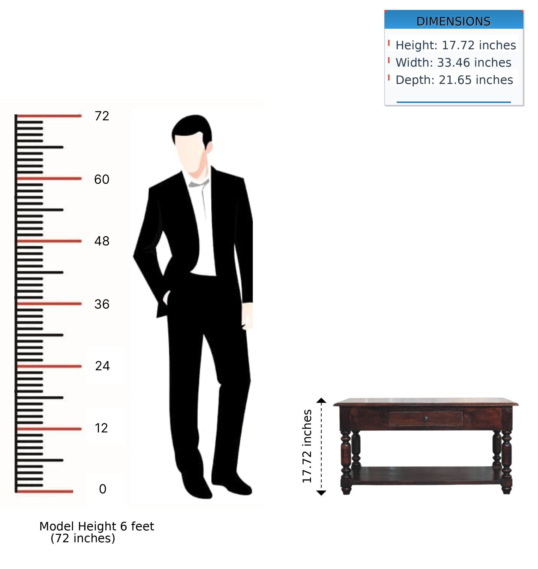 DIMENSIONS  
Height: 17.72 inches  
Width: 33.46 inches  
Depth: 21.65 inches  

Model Height 6 feet (72 inches)