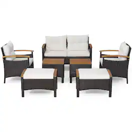 Costway - 7PCS Patio Rattan Furniture Set Cushion Armrest Loveseat Ottoman Table - Off White
