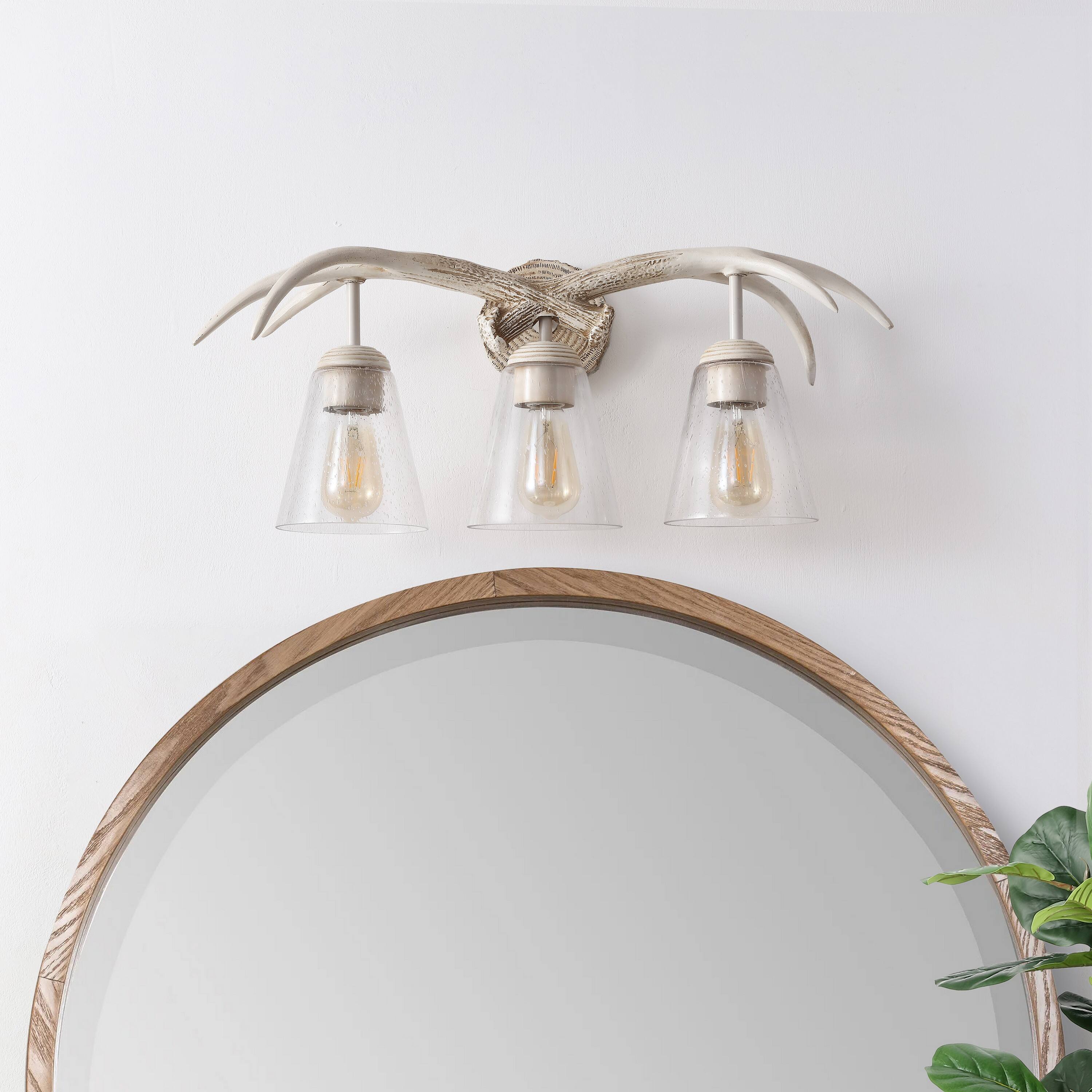 Alt View 7. Jonathan Y - Wyatt 25.5" 3-Light Southwestern Bohemian Resin/Seeded Glass Faux Antler LED Vanity Light,  Antique White Wood Finish - Antique White.