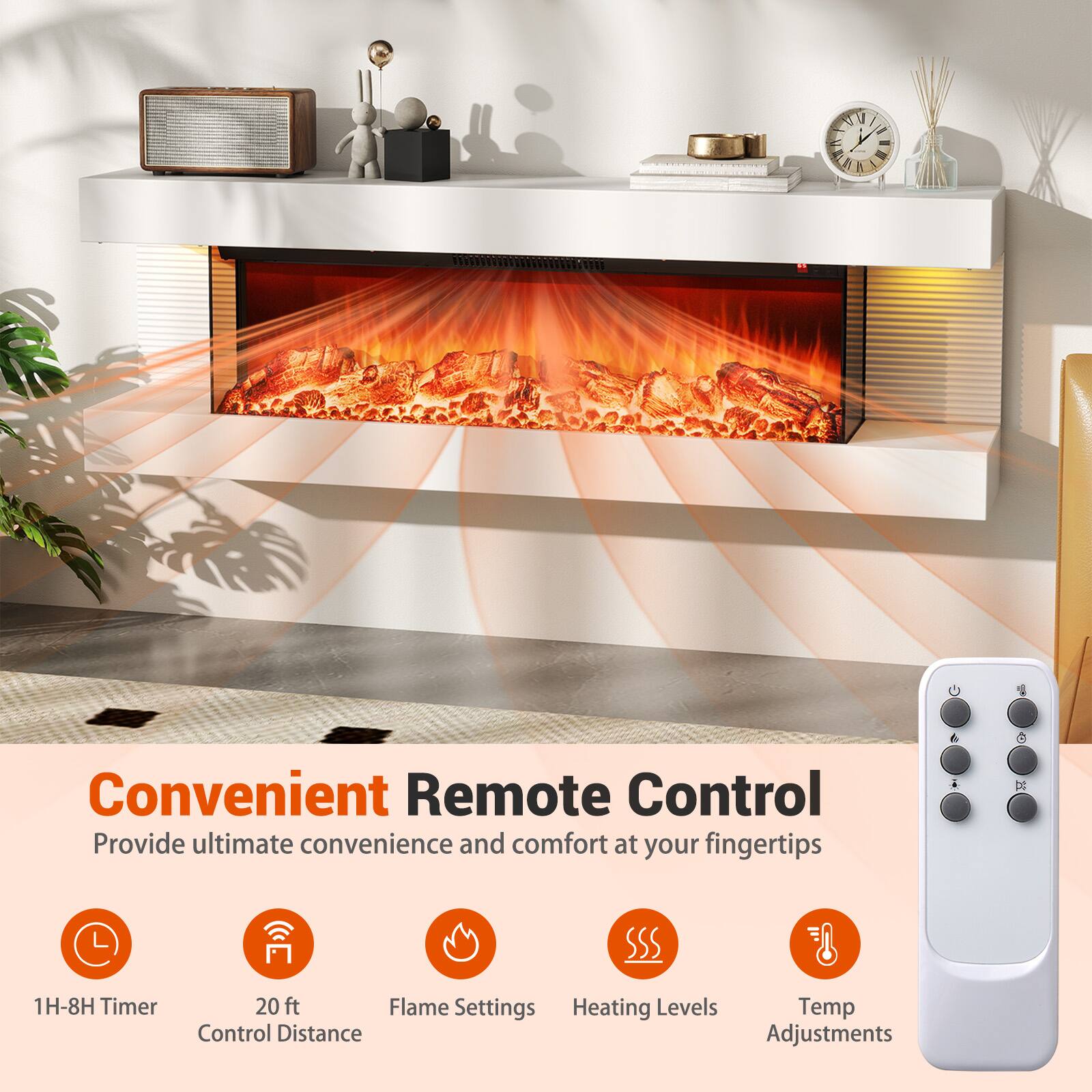 Convenient Remote Control  
Provide ultimate convenience and comfort at your fingertips

- 1H-8H Timer
- 20 ft Control Distance
- Flame Settings
- Heating Levels
- Temp Adjustments