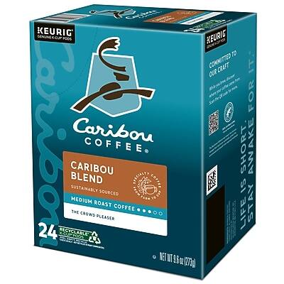 KEURIG GENUINE  
KEURIG K-CUP PODS  

Caribou Coffee  
CARIBOU BLEND  
SUSTAINABLY SOURCED  
MEDIUM ROAST COFFEE  
THE CROWD PLEASER  

24 RECYCLABLE K-CUP PODS  

COMMITTED TO OUR CRAFT  
STAY SHORT. STAY AWAKE. FOR LIFE.  

NET WT 9.6 OZ (73g)