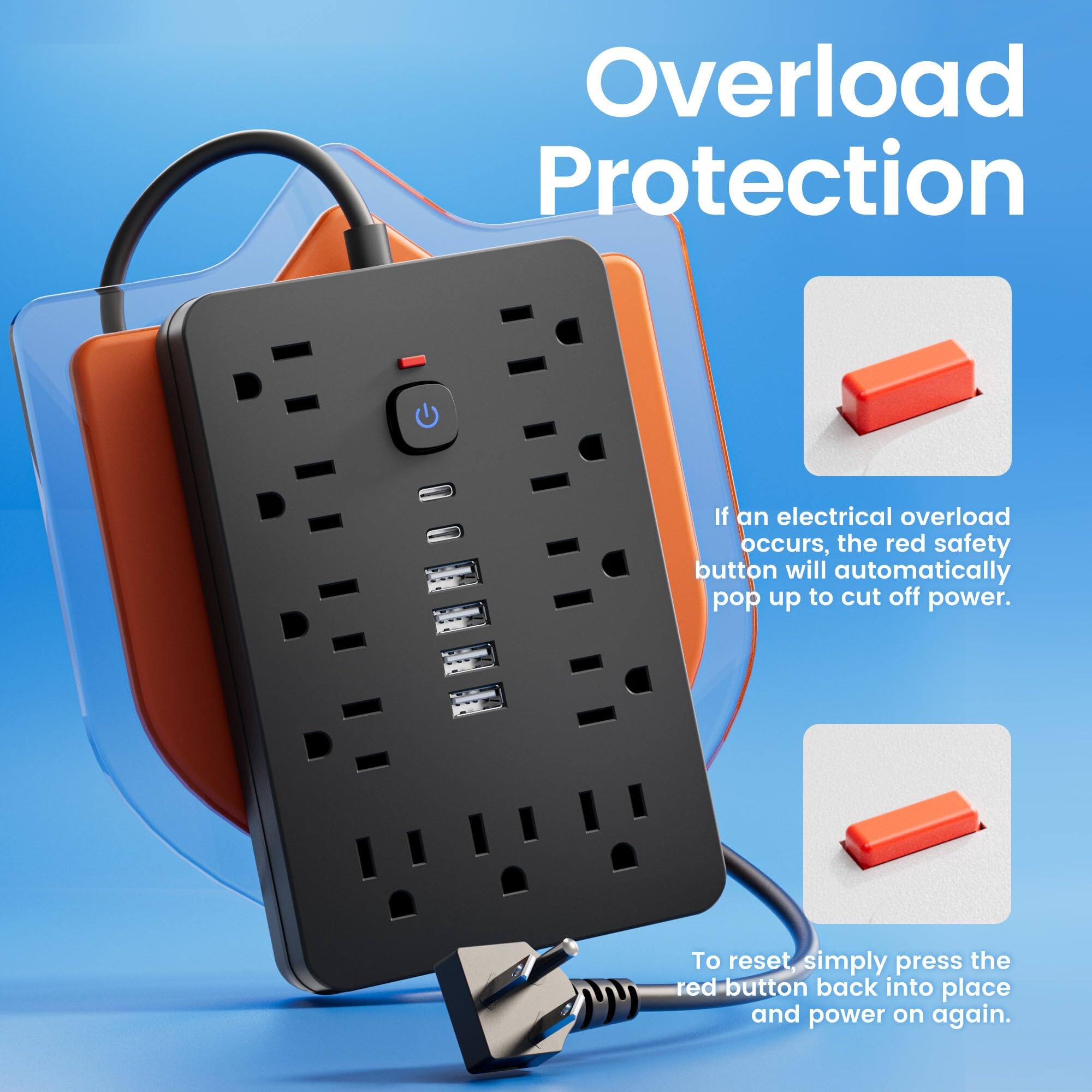 Overload Protection

If an electrical overload occurs, the red safety button will automatically pop up to cut off power.

To reset, simply press the red button back into place and power on again.