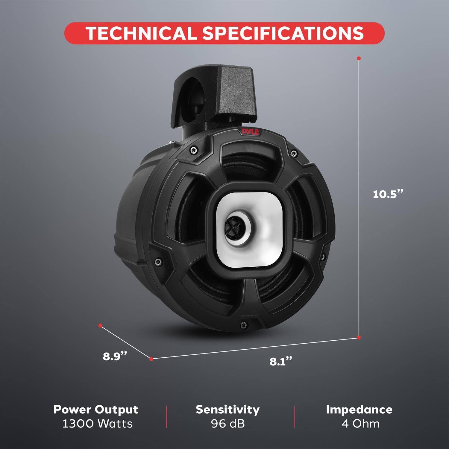 TECHNICAL SPECIFICATIONS

- Power Output: 1300 Watts
- Sensitivity: 96 dB
- Impedance: 4 Ohm

Dimensions:
- 10.5"
- 8.9"
- 8.1"