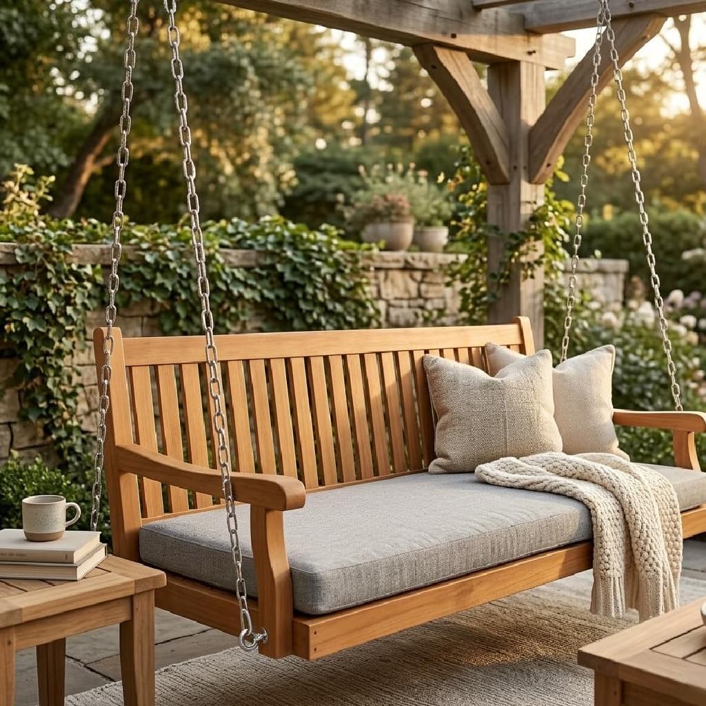 Fortune Candy - 6FT Wooden Porch Swing Bed with Cushion, Solid Fir Frame, Weather-Resistant Outdoor Hanging Daybed, Heavy-Duty 1000LBS - Teak Tone
