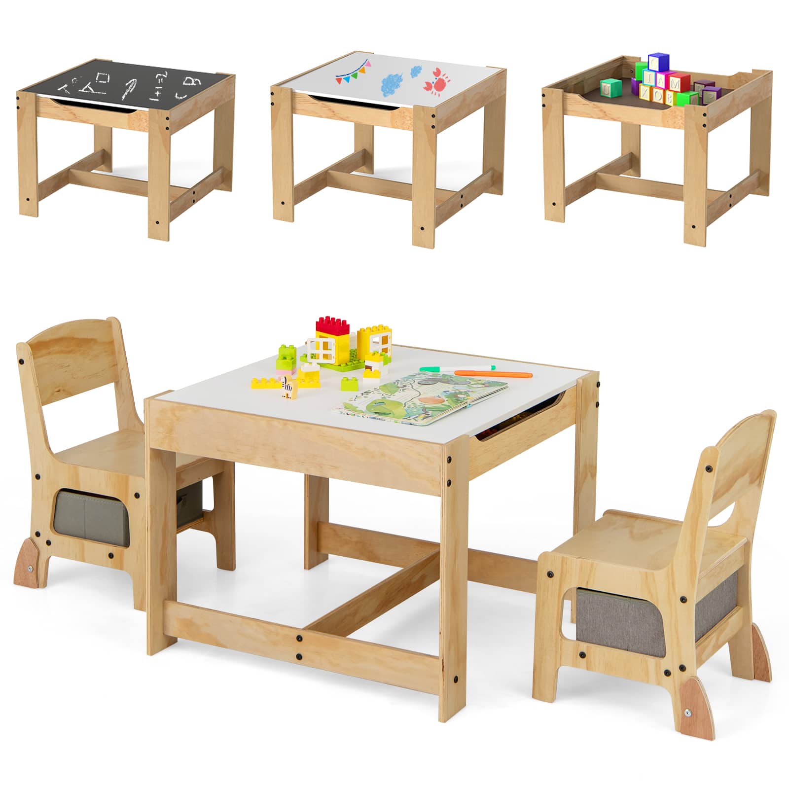 Gymax - 3-In-1 Kids Table & Chairs Set w/Reversible Whiteboard/Chalkboard Top Hidden Storage - Gray