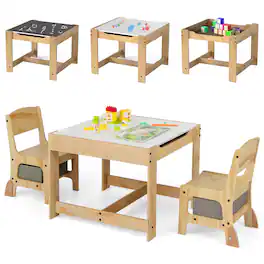 Gymax - 3-In-1 Kids Table & Chairs Set w/Reversible Whiteboard/Chalkboard Top Hidden Storage - Gray