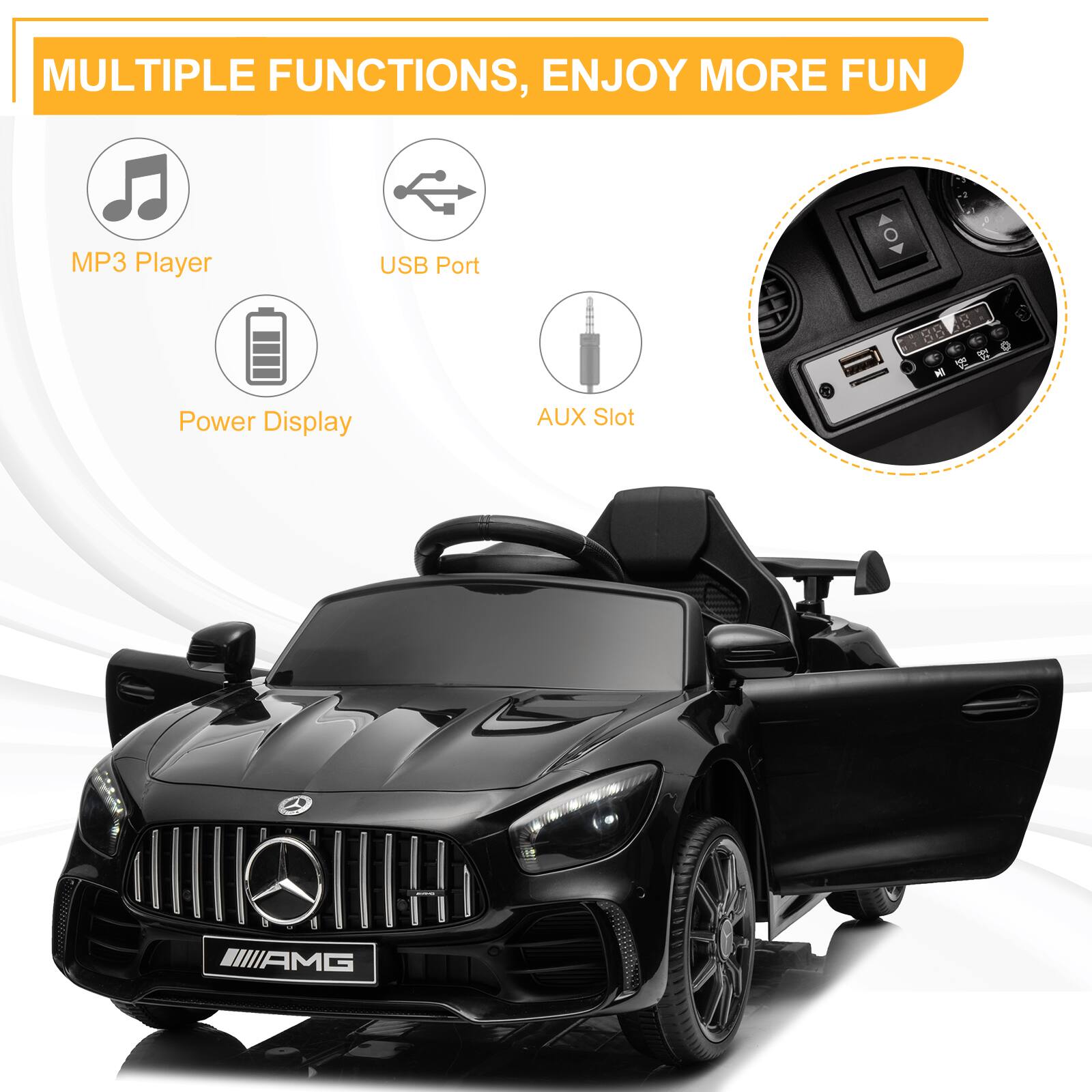 MULTIPLE FUNCTIONS, ENJOY MORE FUN

- MP3 Player
- USB Port
- Power Display
- AUX Slot