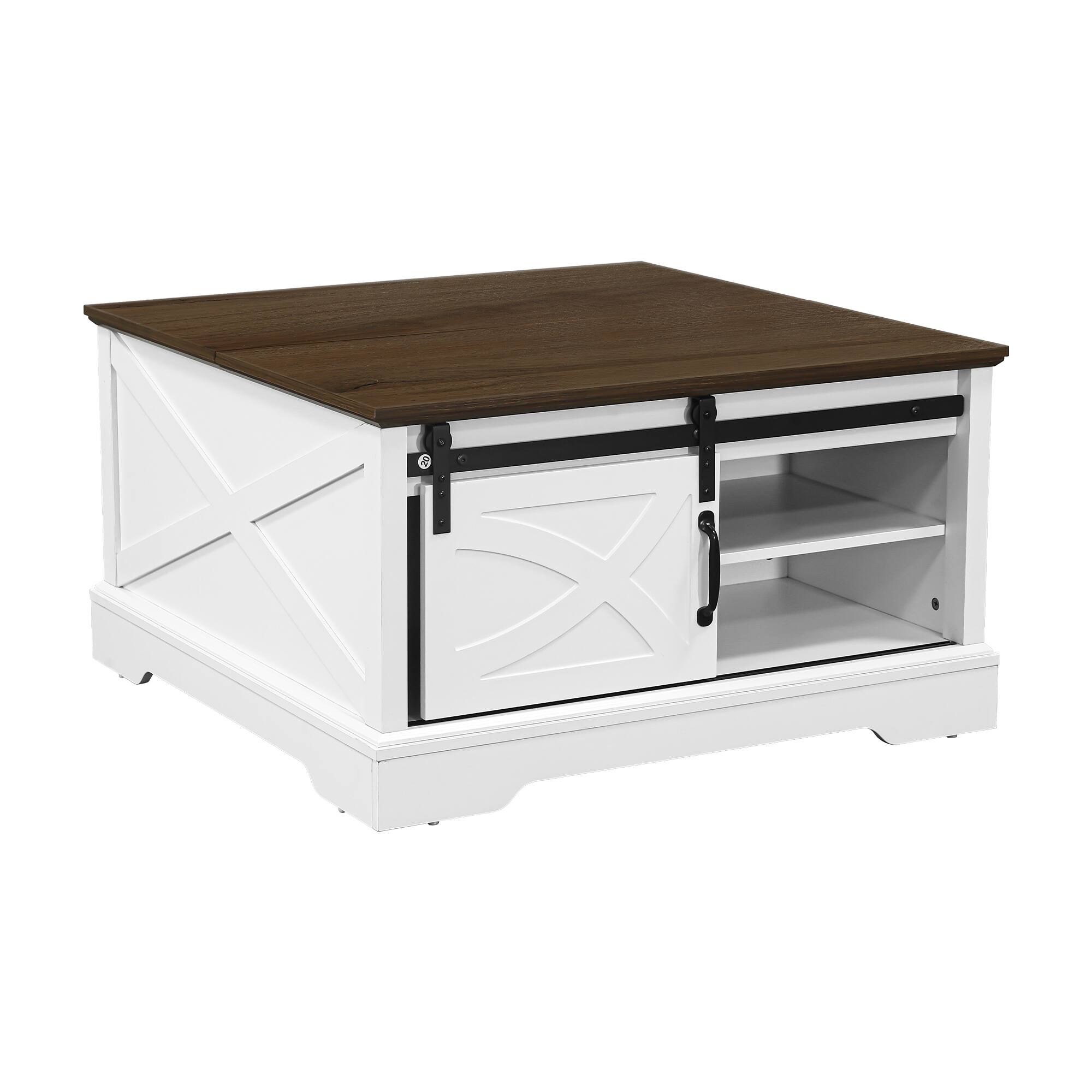 Back. Ihomeadore - 31.5 Inch Modern Farmhouse Square Flip Top Coffee Table with Hidden Storage Box and Sliding Barn Door - White.