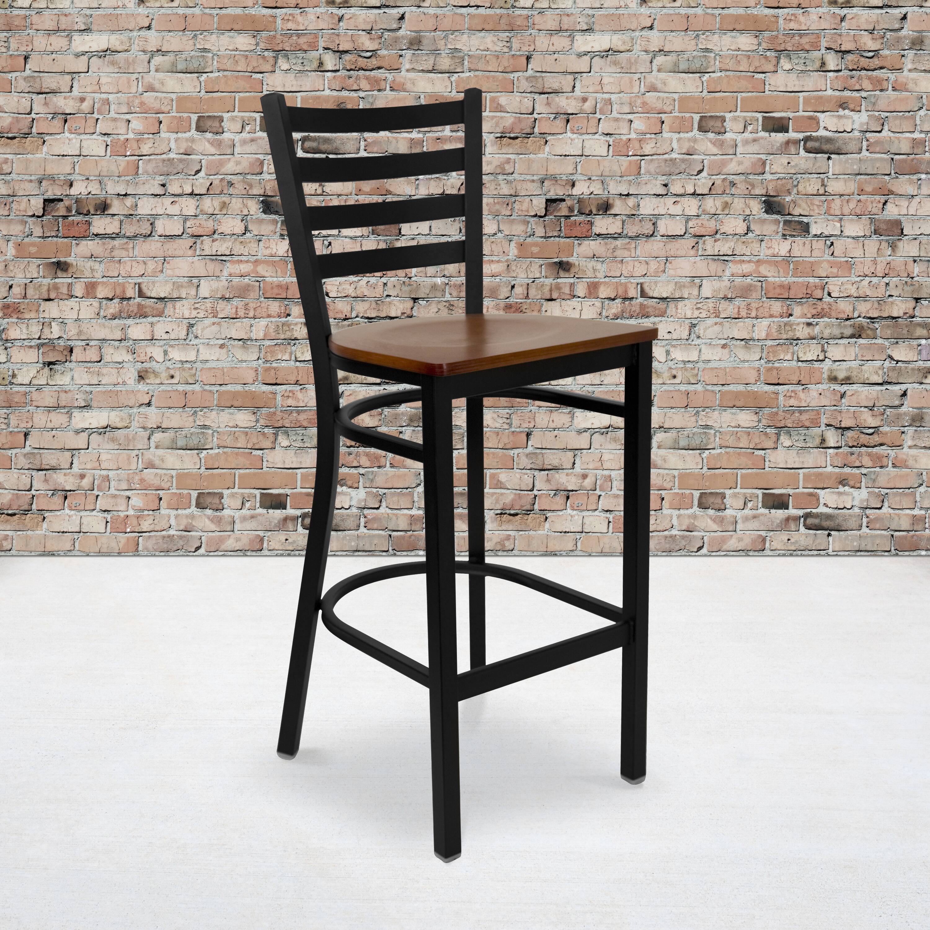 Alt View 2. Emma + Oliver - 2 Pack Ladder Back Metal Restaurant Barstool - Cherry Wood Seat/Black Metal Frame.