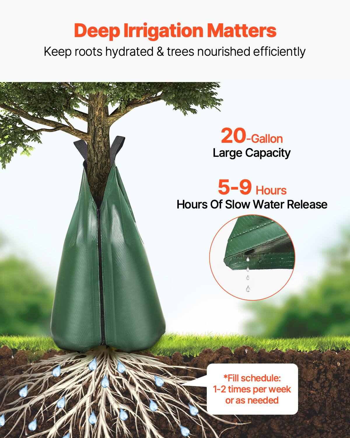 Deep Irrigation Matters  
Keep roots hydrated & trees nourished efficiently  

20-Gallon Large Capacity  
5-9 Hours Hours Of Slow Water Release  

*Fill schedule: 1-2 times per week or as needed