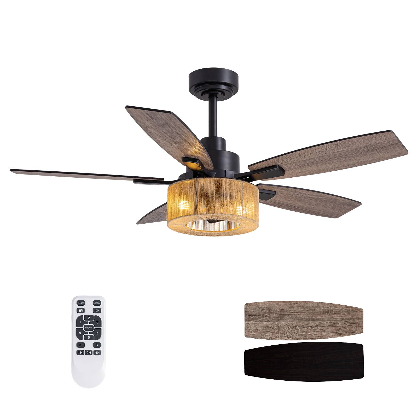 Siljoy - 46-in Boho Hemp Ceiling Fan with Light and Remote Control Include(Bulb not include) - Black
