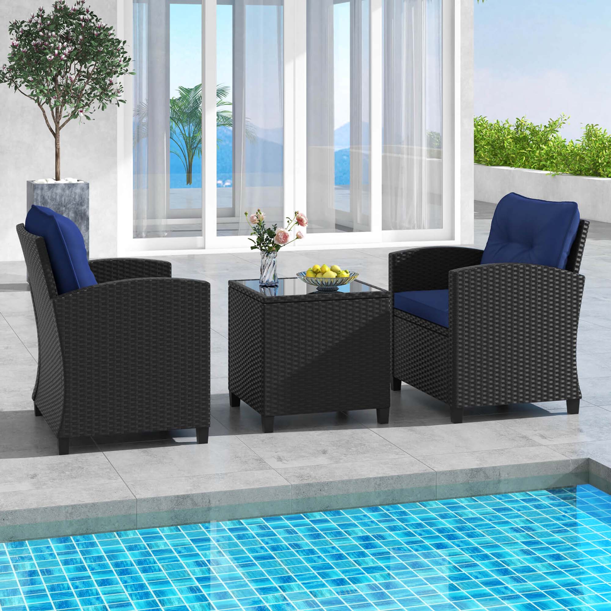 Alt View 3. Costway - 3 PCS Patio Furniture Set with Tempered Glass Coffee Table Washable Cushions - Navy.