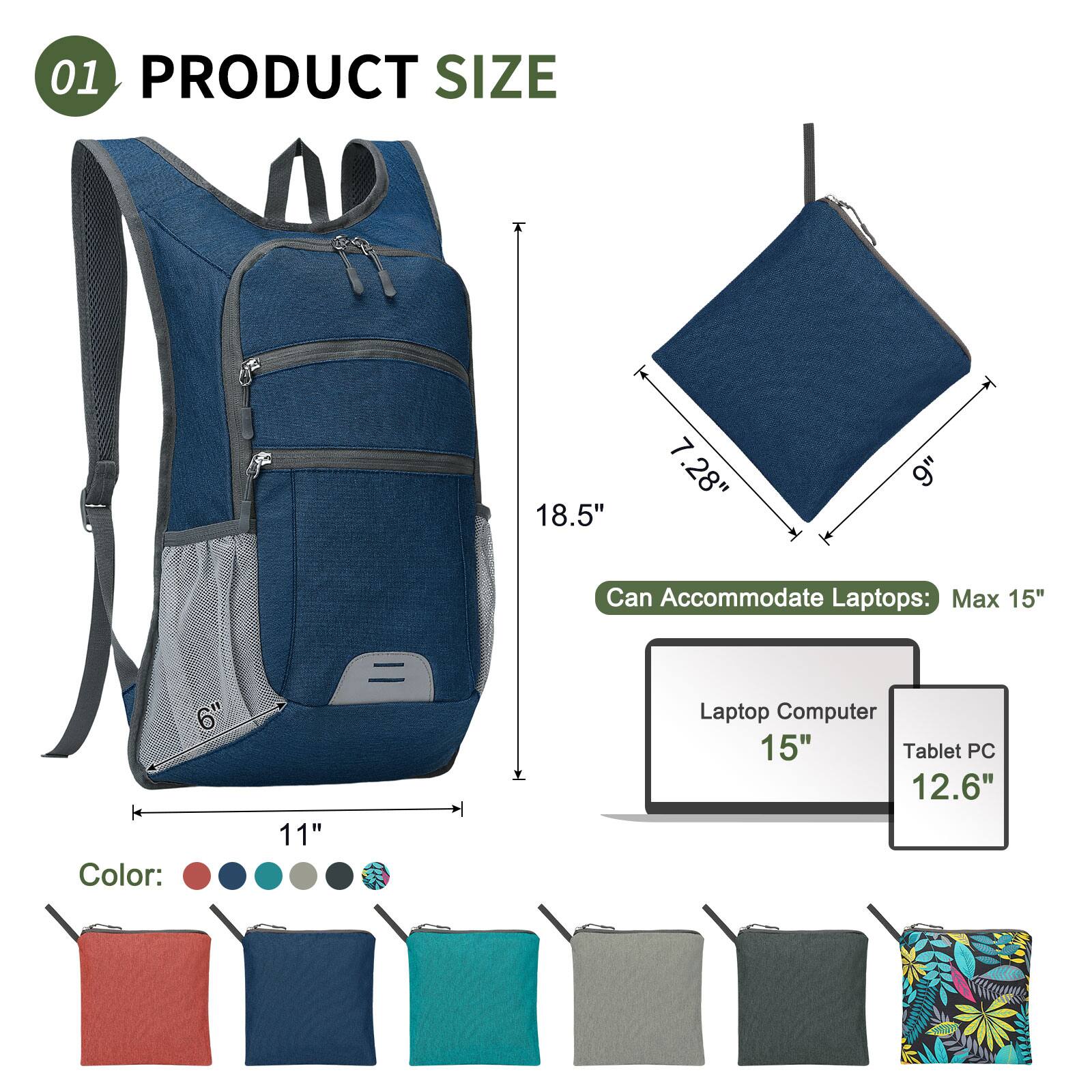 01 PRODUCT SIZE

18.5" x 7.28" x 9"

Can Accommodate Laptops: Max 15"

Laptop Computer 15"
Tablet PC 12.6"

Color: [Color options shown]