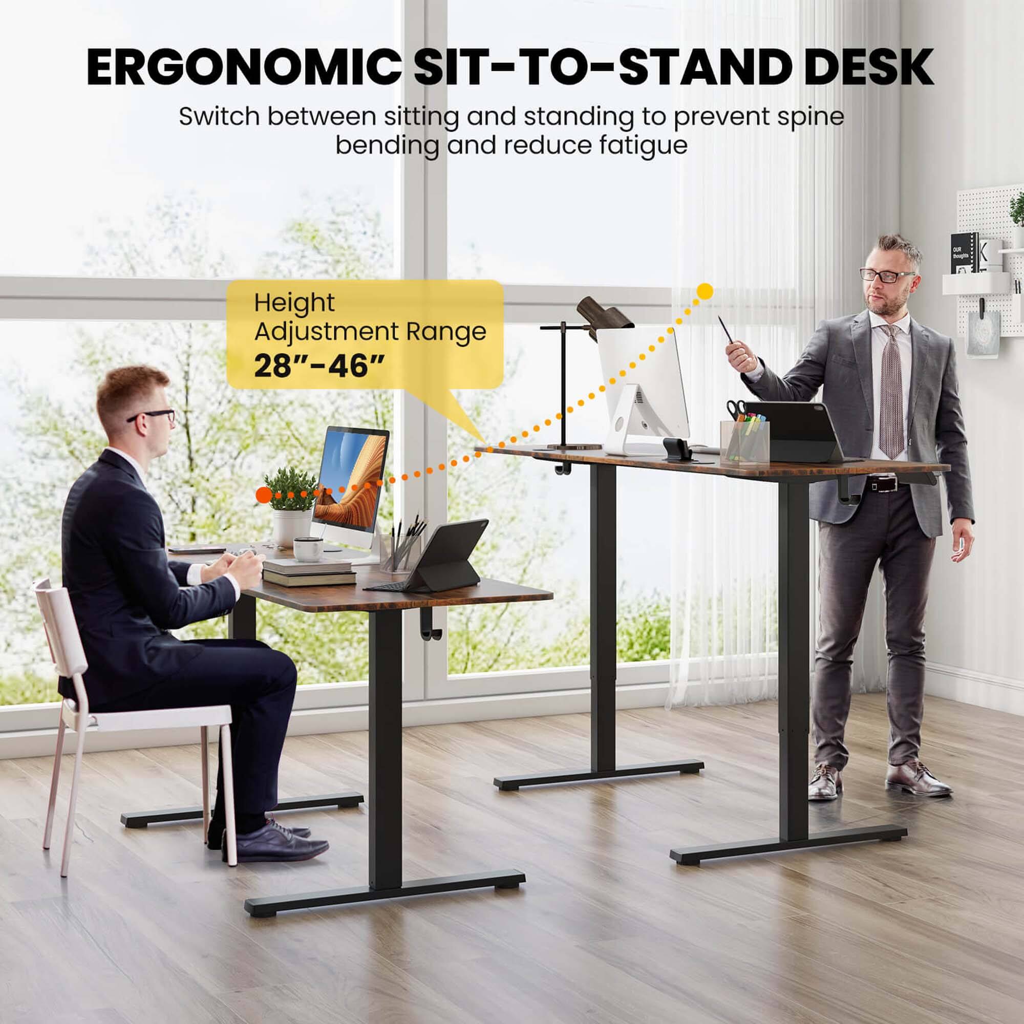 ERGONOMIC SIT-TO-STAND DESK  
Switch between sitting and standing to prevent spine bending and reduce fatigue  

Height Adjustment Range  
28"–46"