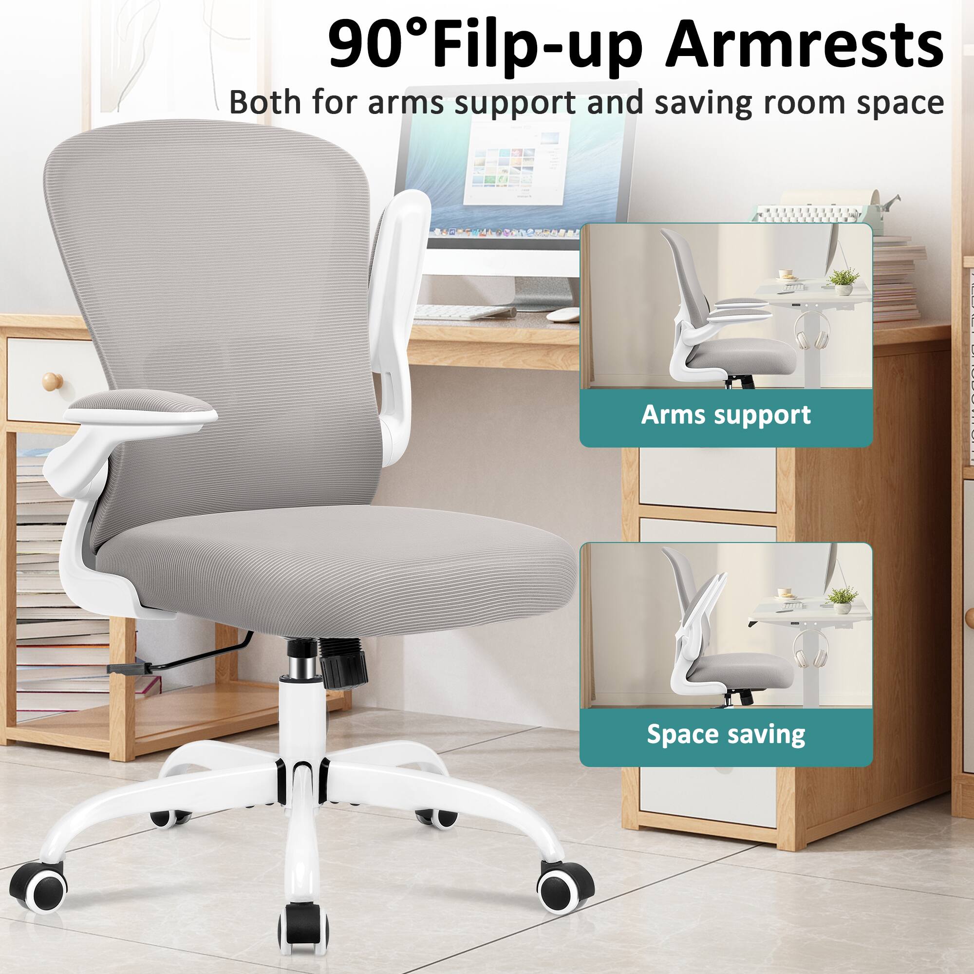 90° Flip-up Armrests  
Both for arms support and saving room space  
Arms support  
Space saving