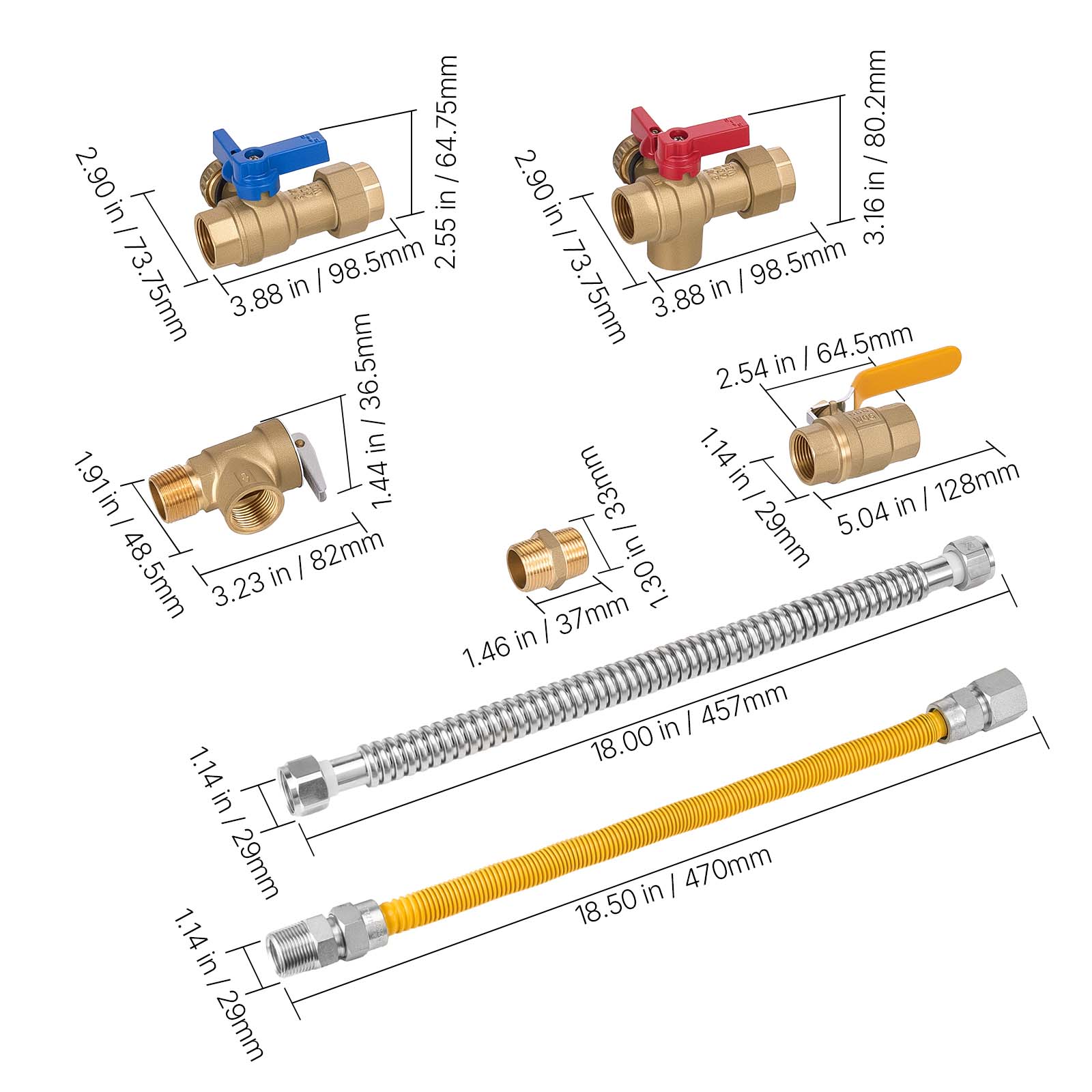 64.75mm / 2.55 in  
80.2mm / 3.16 in  
98.5mm / 3.88 in  
73.75mm / 2.89 in  
64.5mm / 2.54 in  
36.5mm / 1.44 in  
33mm / 1.29 in  
128mm / 5.04 in  
29mm / 1.14 in  
82mm / 3.23 in  
457mm / 18.00 in  
470mm / 18.50 in